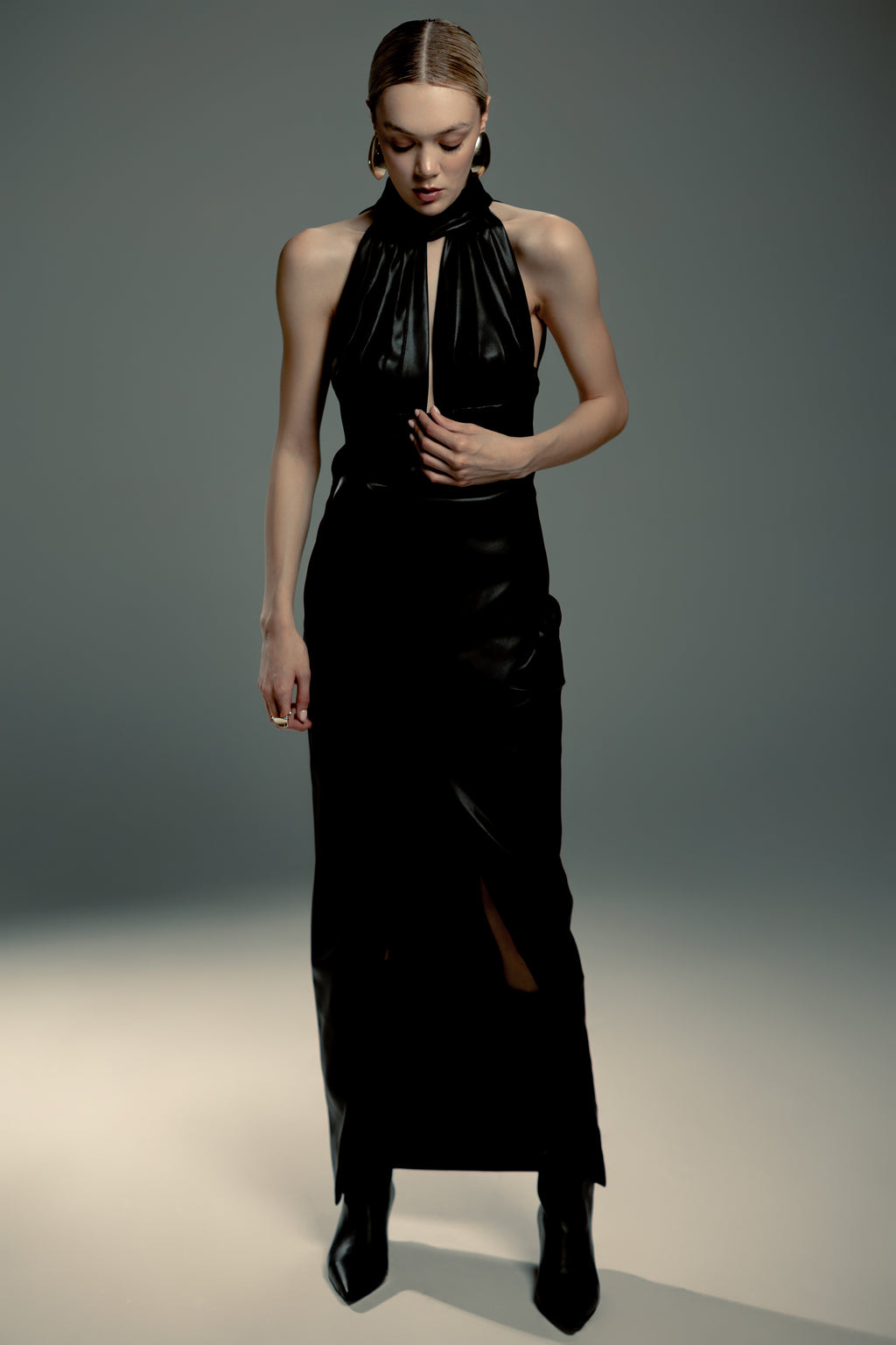 Black Faux Leather Halter Maxi Dress