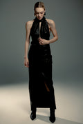 Black Faux Leather Halter Maxi Dress