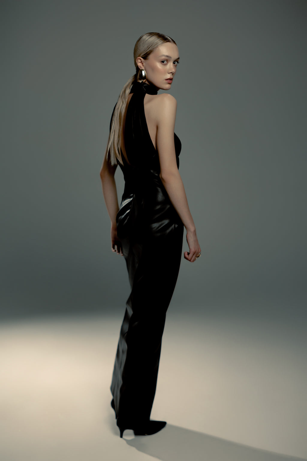 Black Faux Leather Halter Maxi Dress