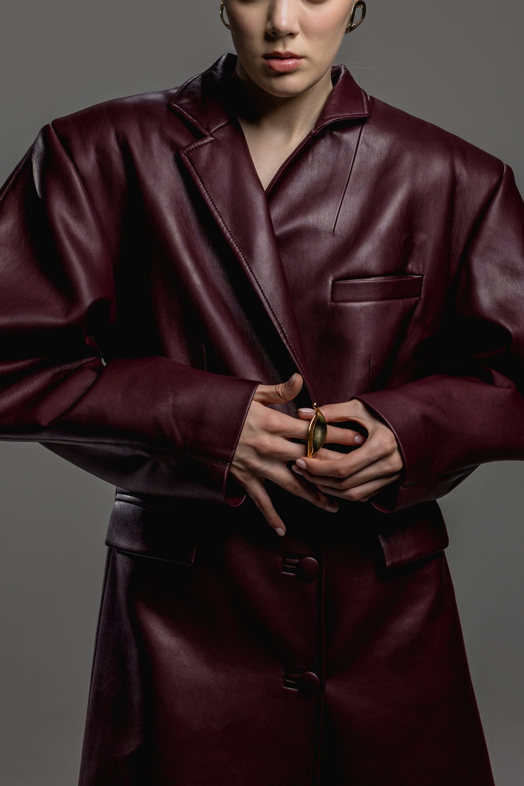 Burgundy Faux Leather Trench Coat