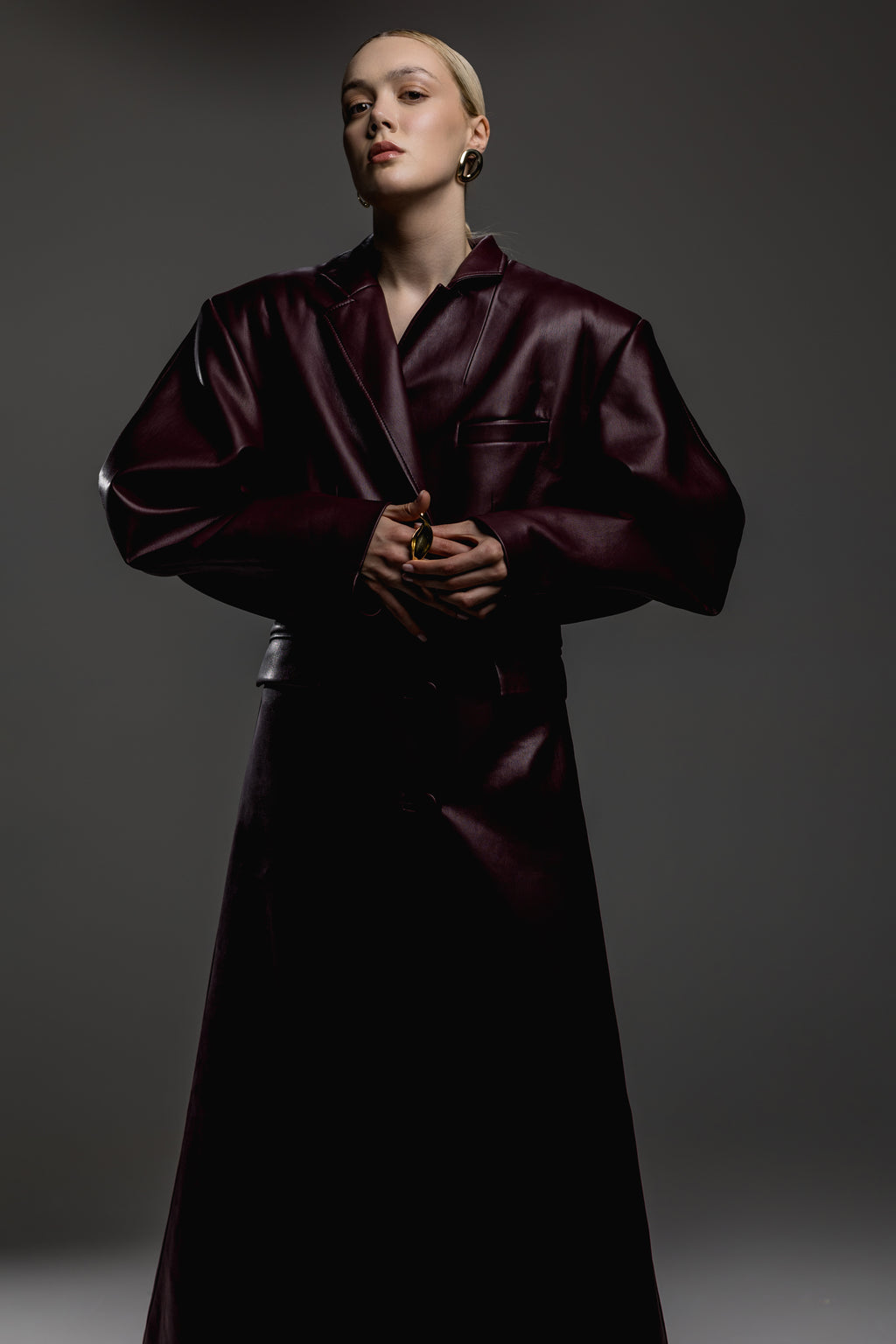 Burgundy Faux Leather Trench Coat
