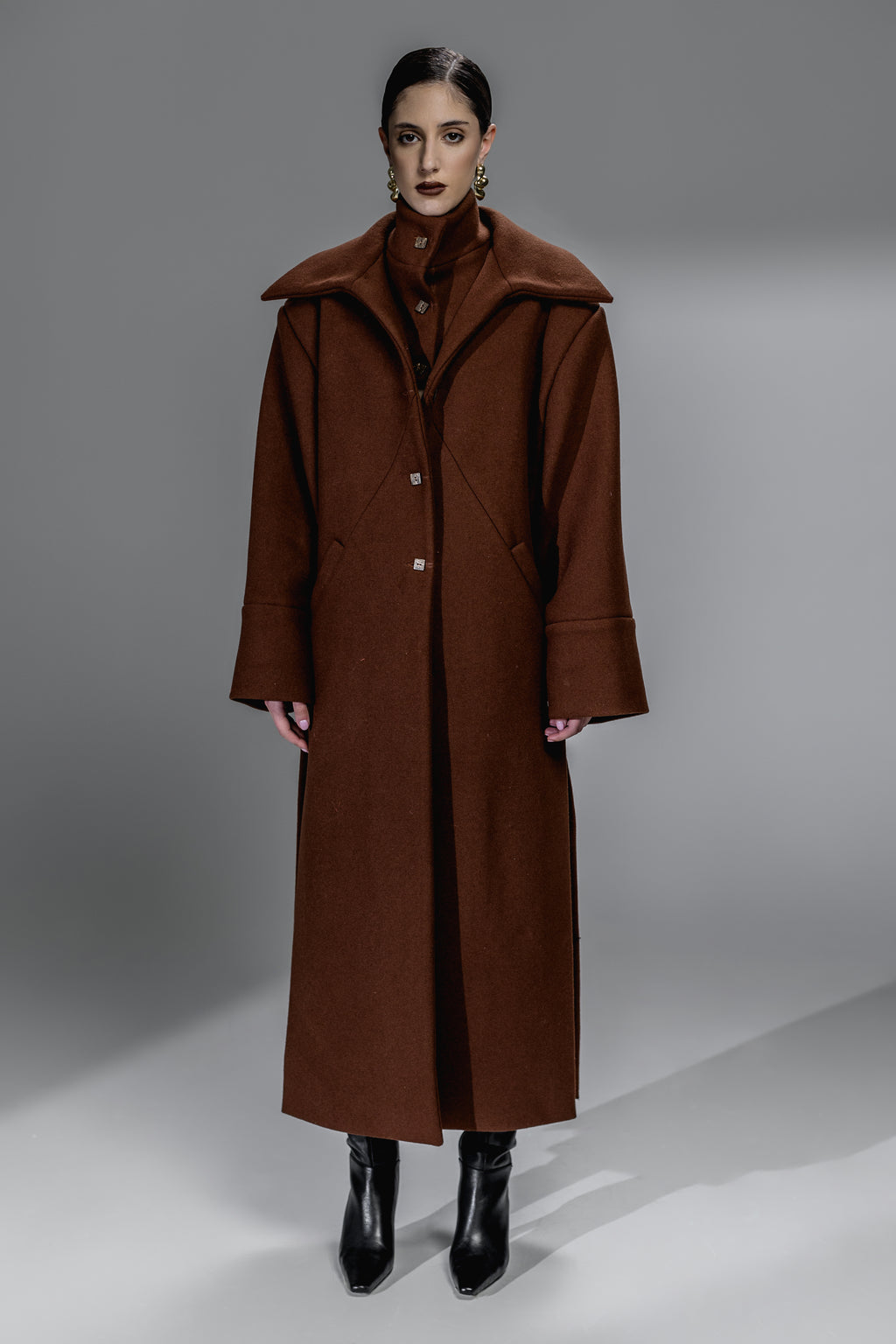 Rust Brown Wool-Blend Coat with Side Slits