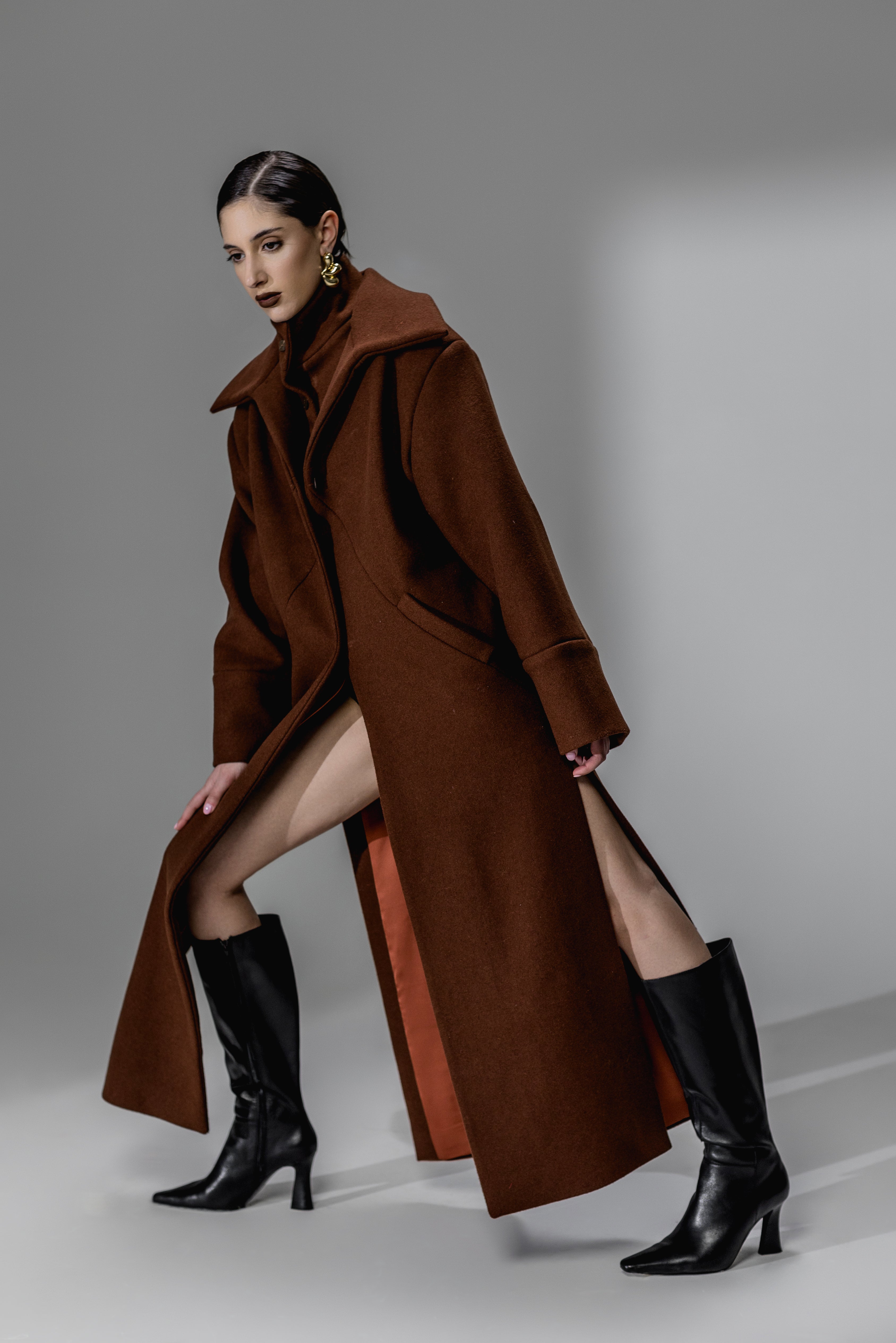 Rust Brown Wool-Blend Coat with Side Slits