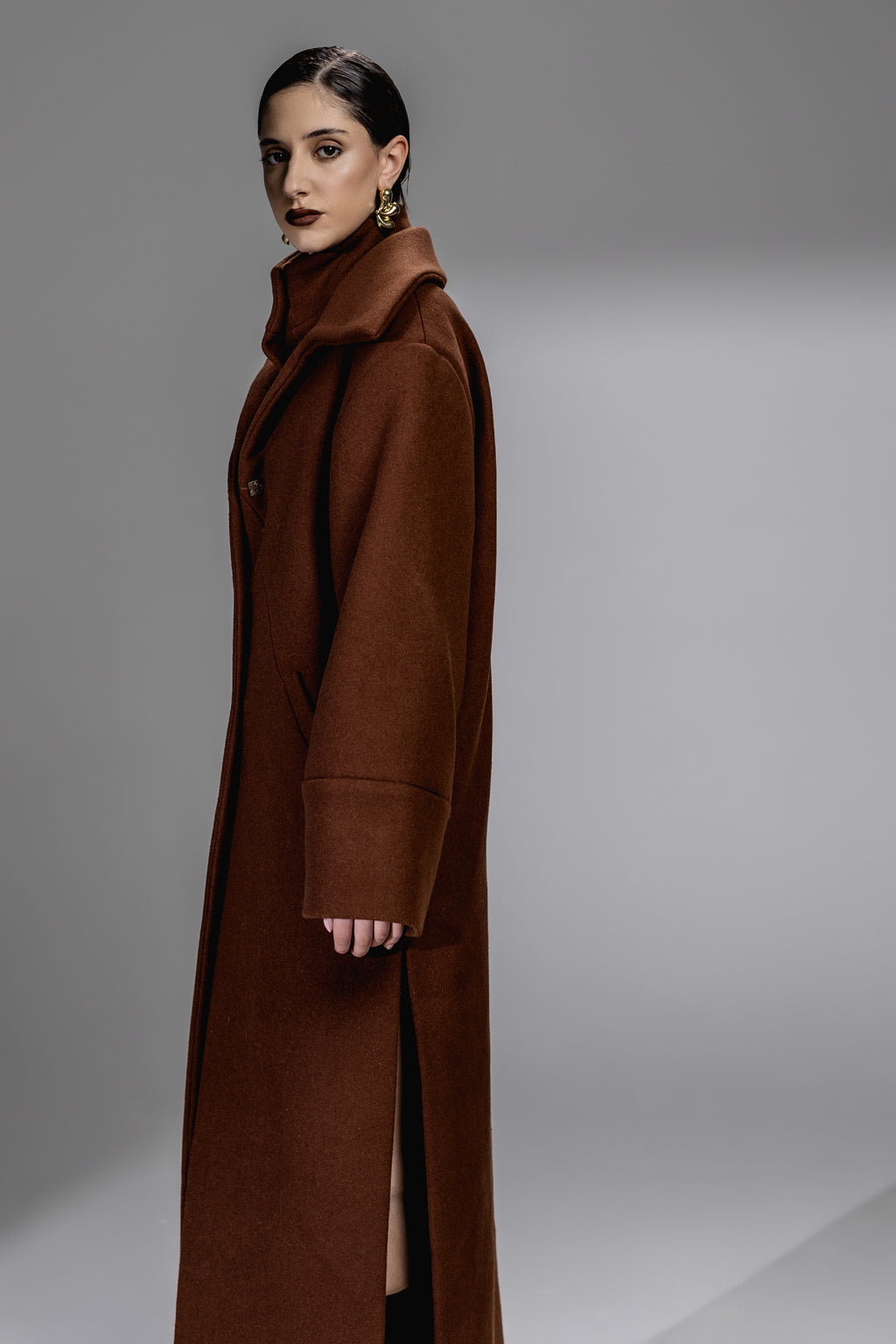 Rust Brown Wool-Blend Coat with Side Slits