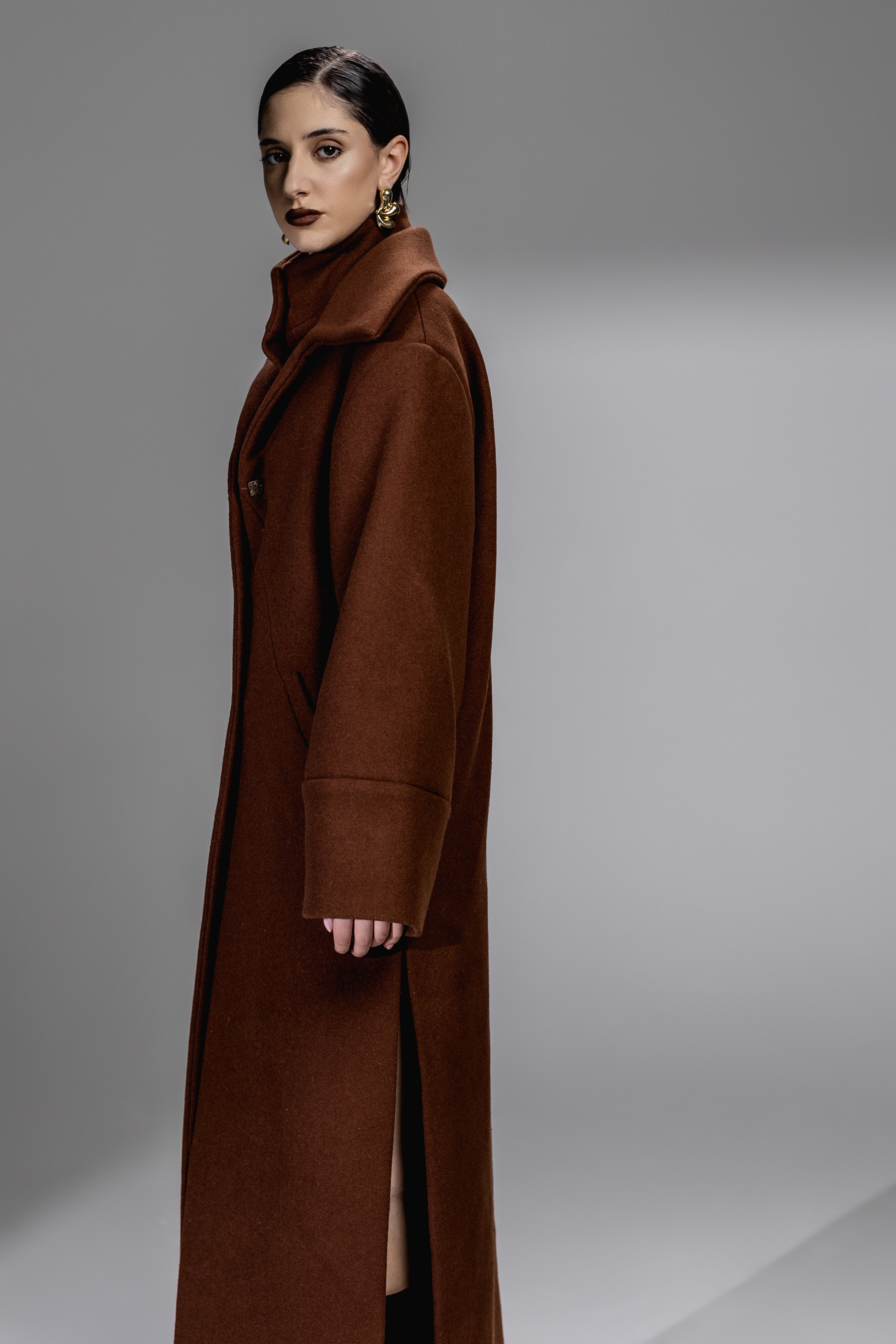 Rust Brown Wool-Blend Coat with Side Slits