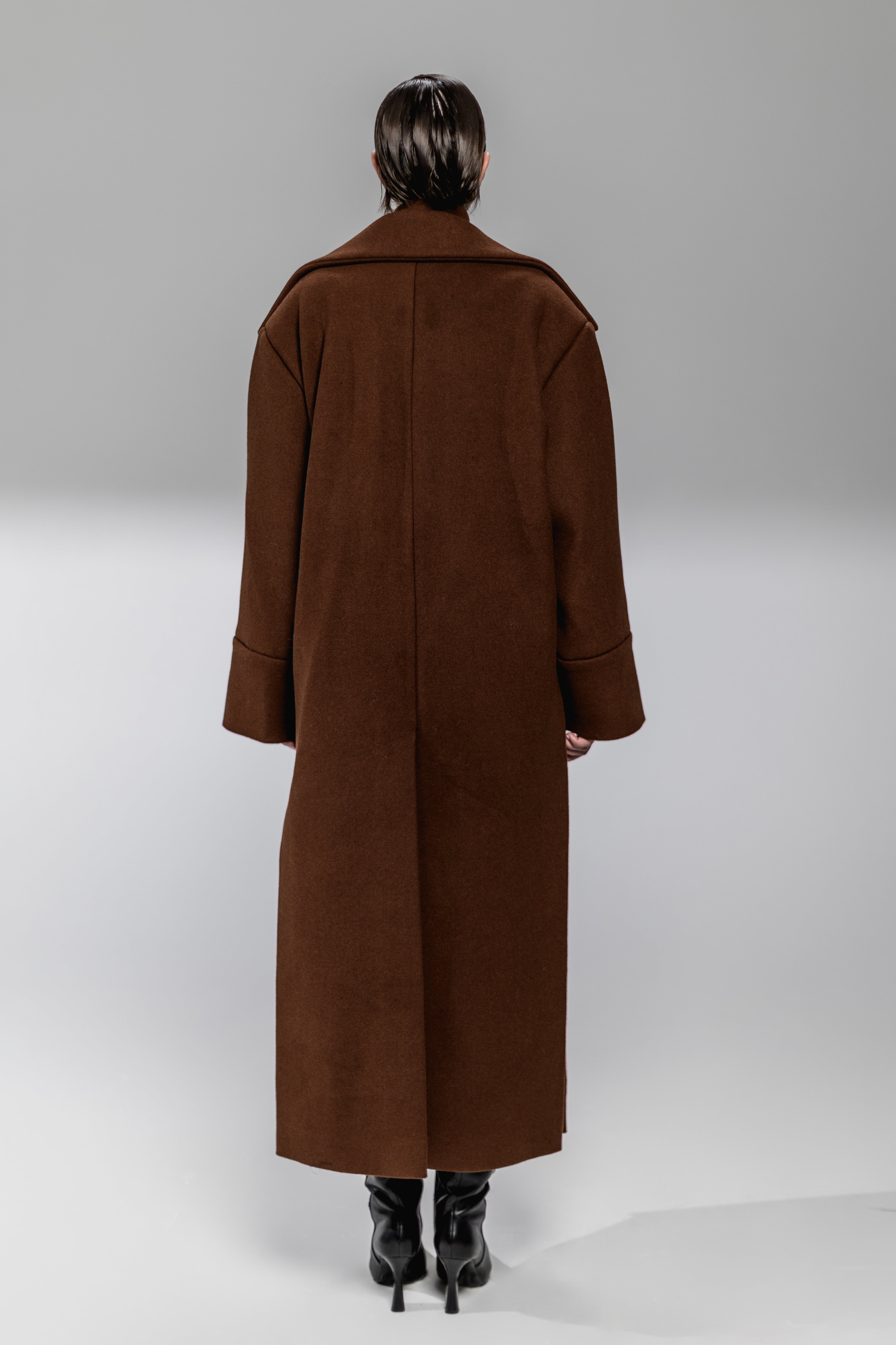Rust Brown Wool-Blend Coat with Side Slits