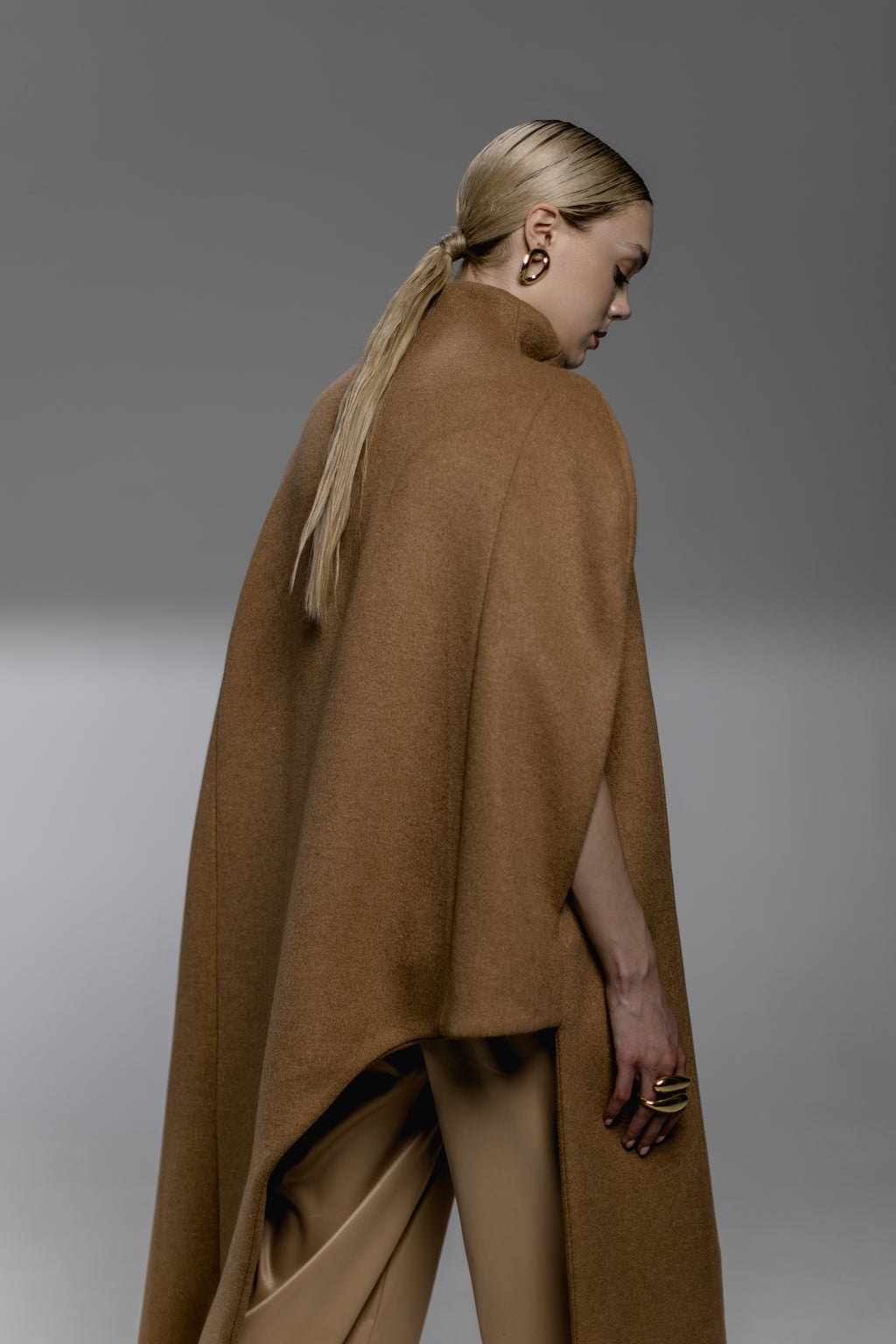 Asymmetric Camel Funnel-Neck Cape Coat