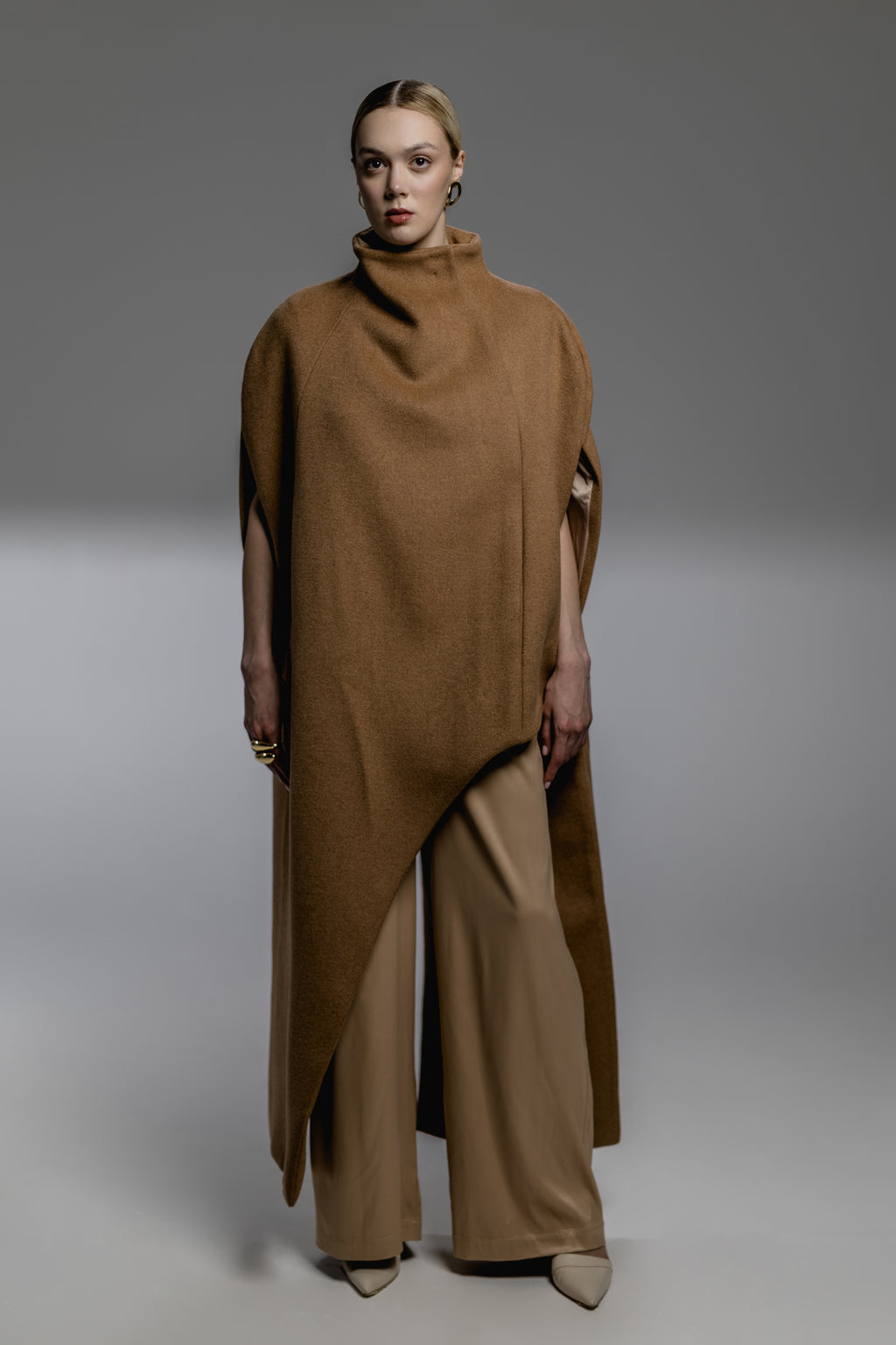 Asymmetric Camel Funnel-Neck Cape Coat
