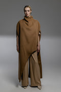 Asymmetric Camel Funnel-Neck Cape Coat