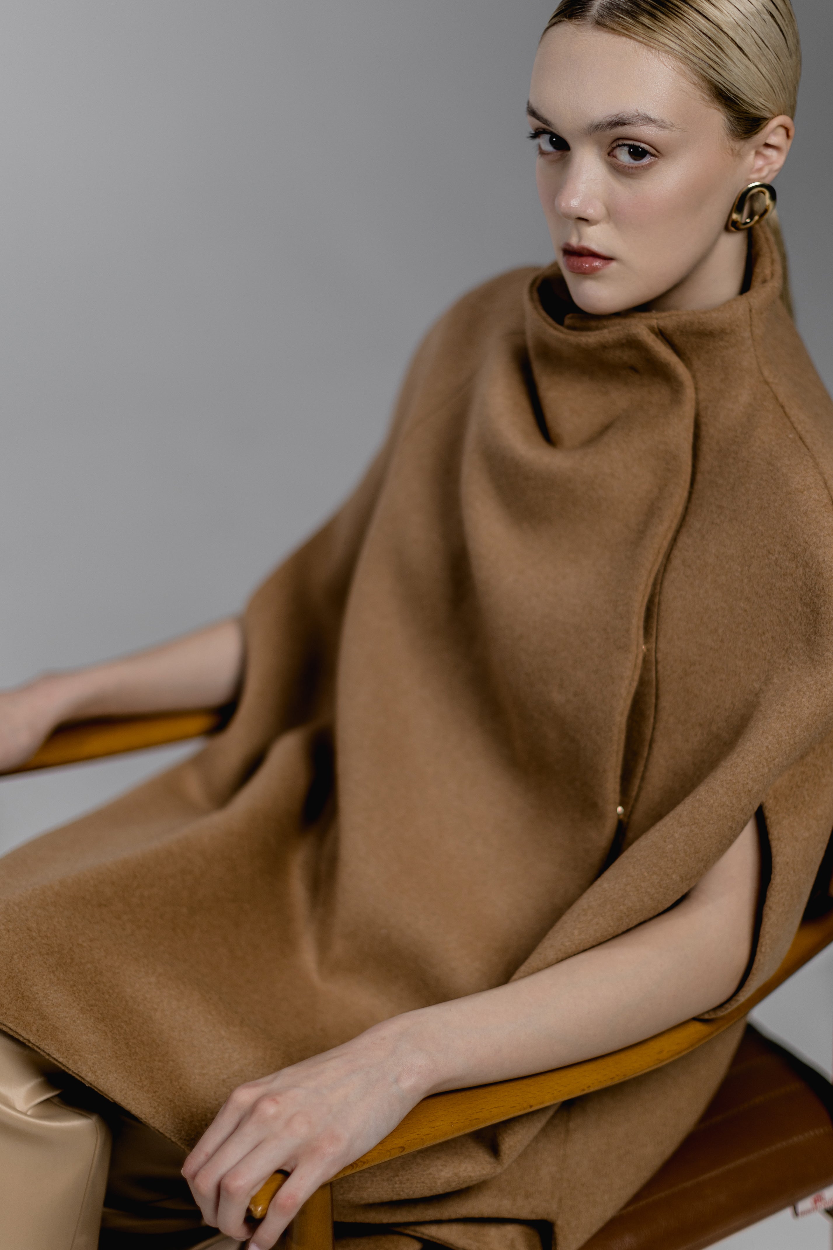 Asymmetric Camel Funnel-Neck Cape Coat