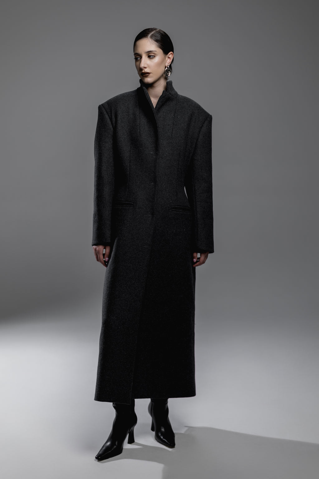 Dark Gray Funnel-Neck Maxi Coat