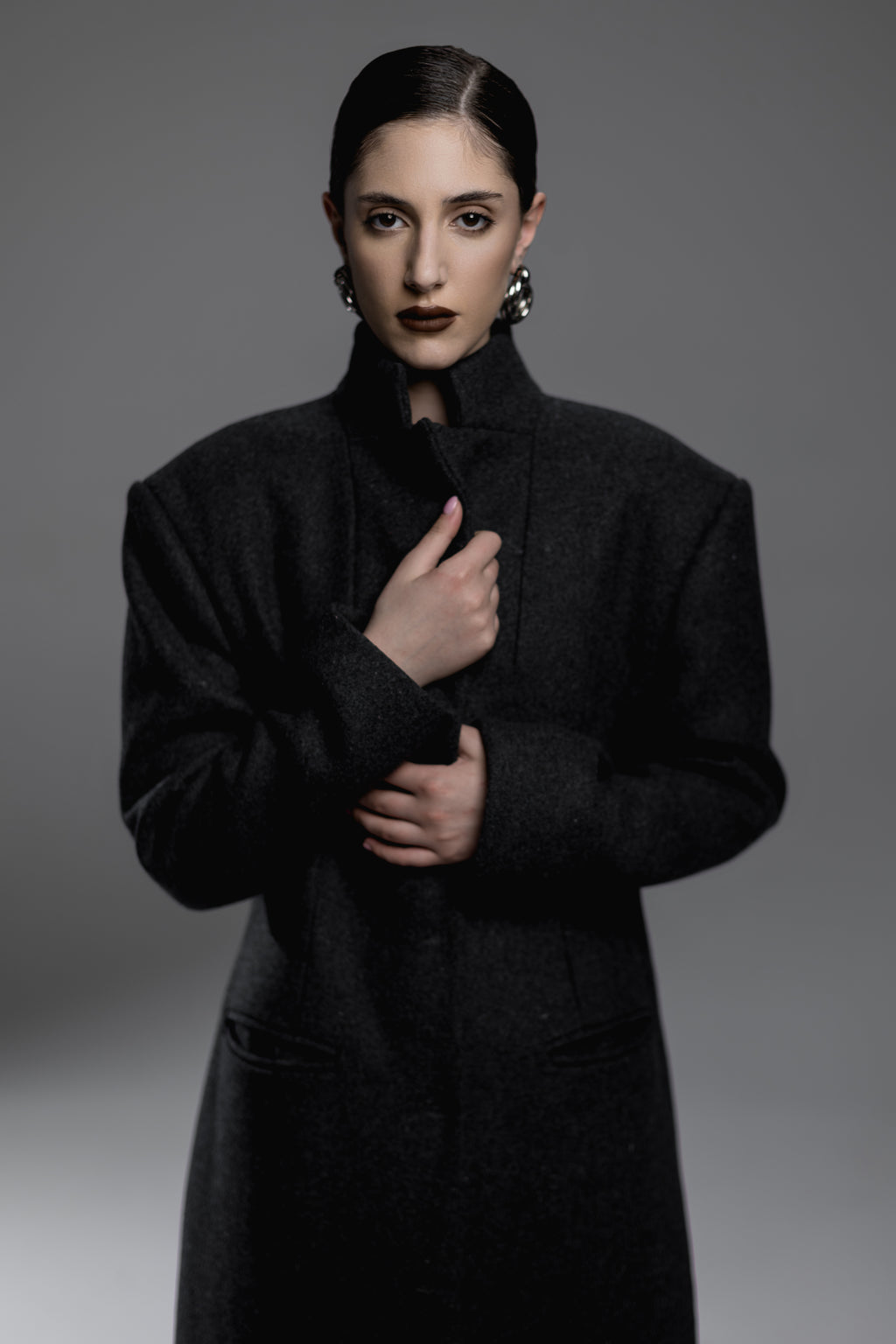 Dark Gray Funnel-Neck Maxi Coat