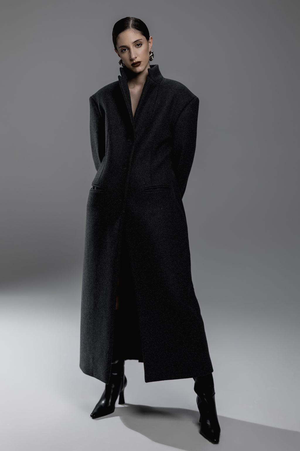 Dark Gray Funnel-Neck Maxi Coat