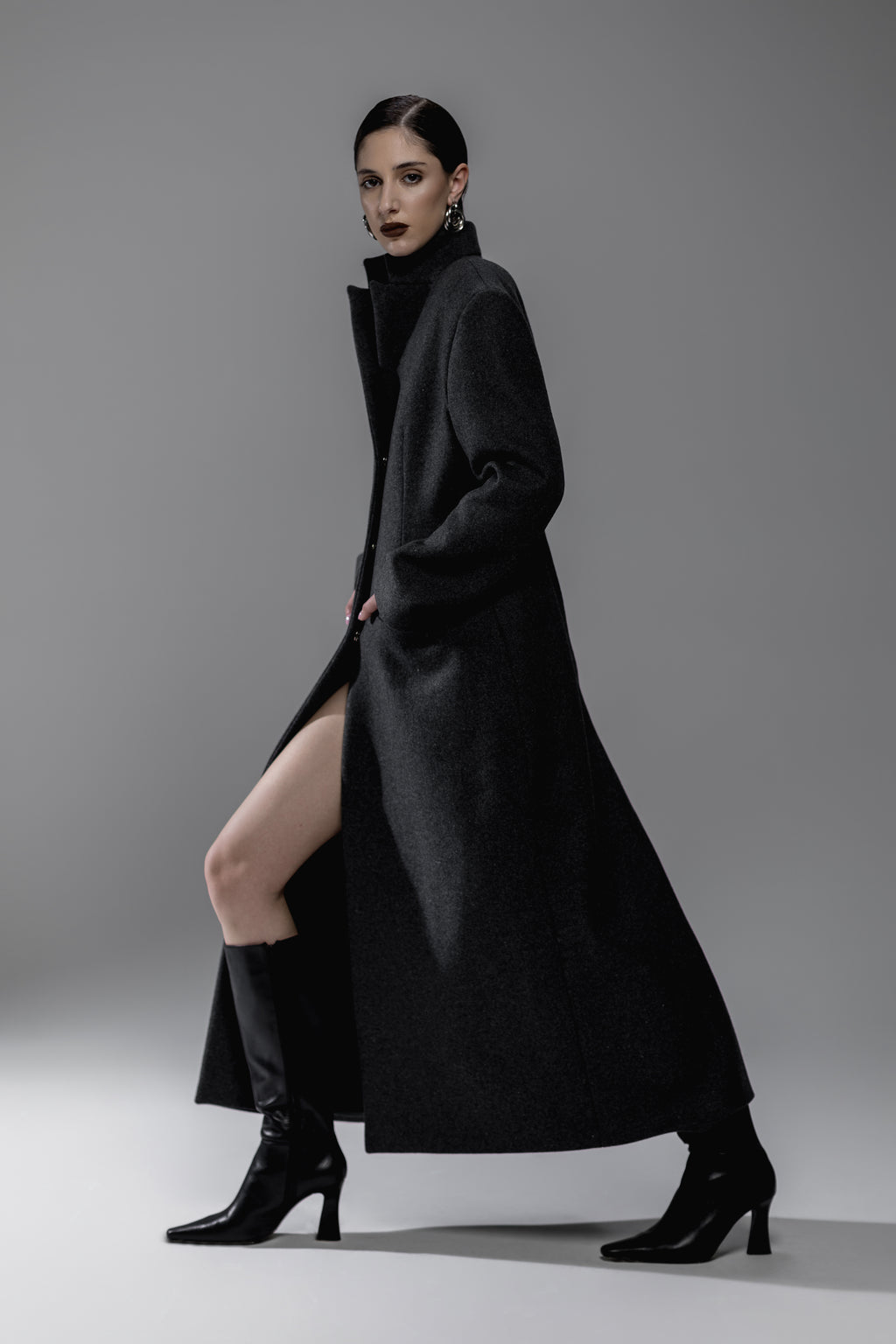 Dark Gray Funnel-Neck Maxi Coat
