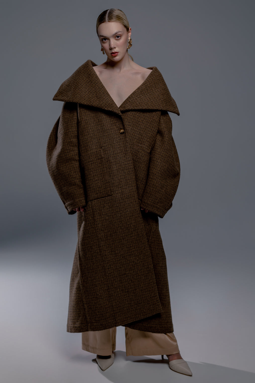 Sculptural Brown Houndstooth Maxi Coat