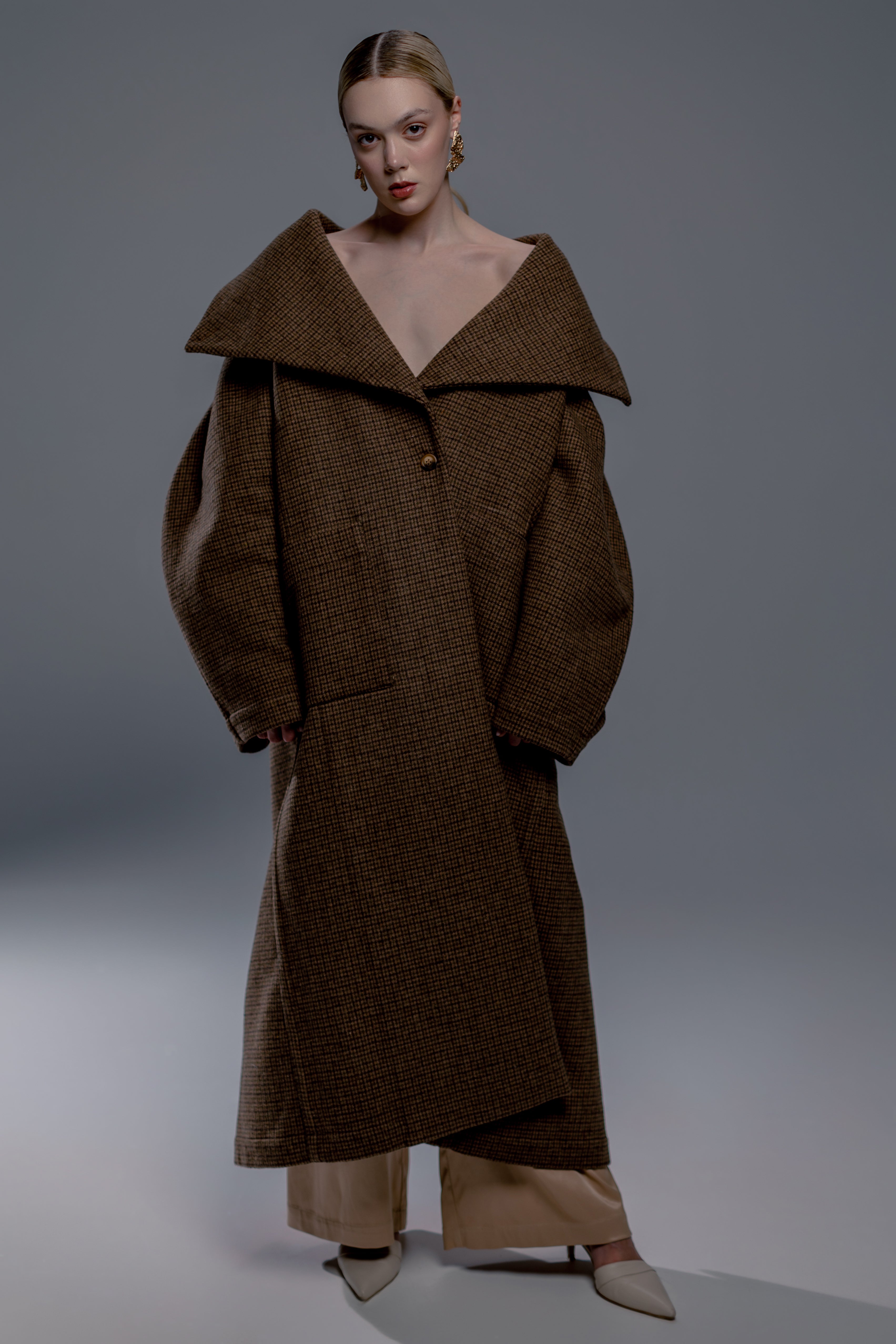 Sculptural Brown Houndstooth Maxi Coat