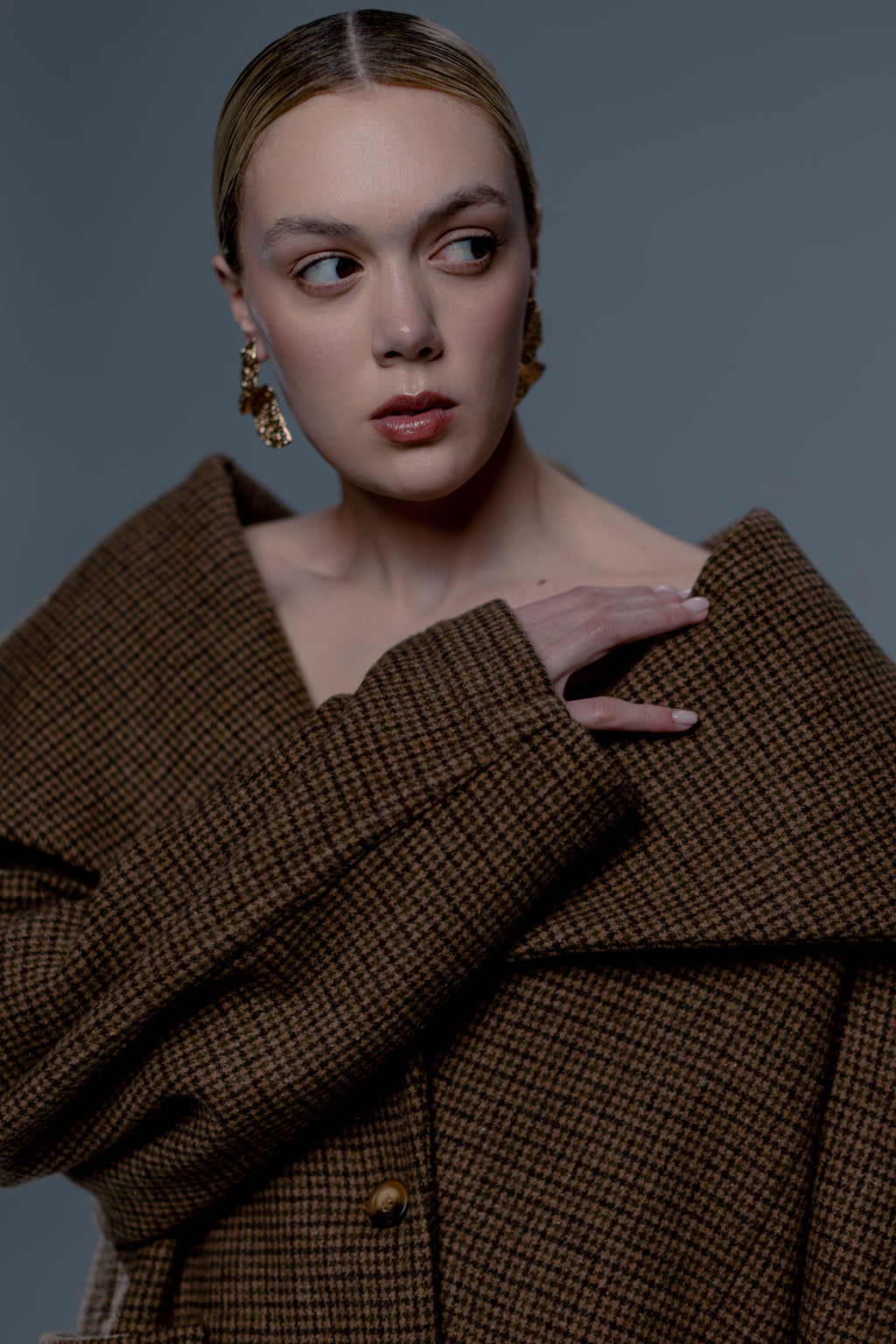 Sculptural Brown Houndstooth Maxi Coat