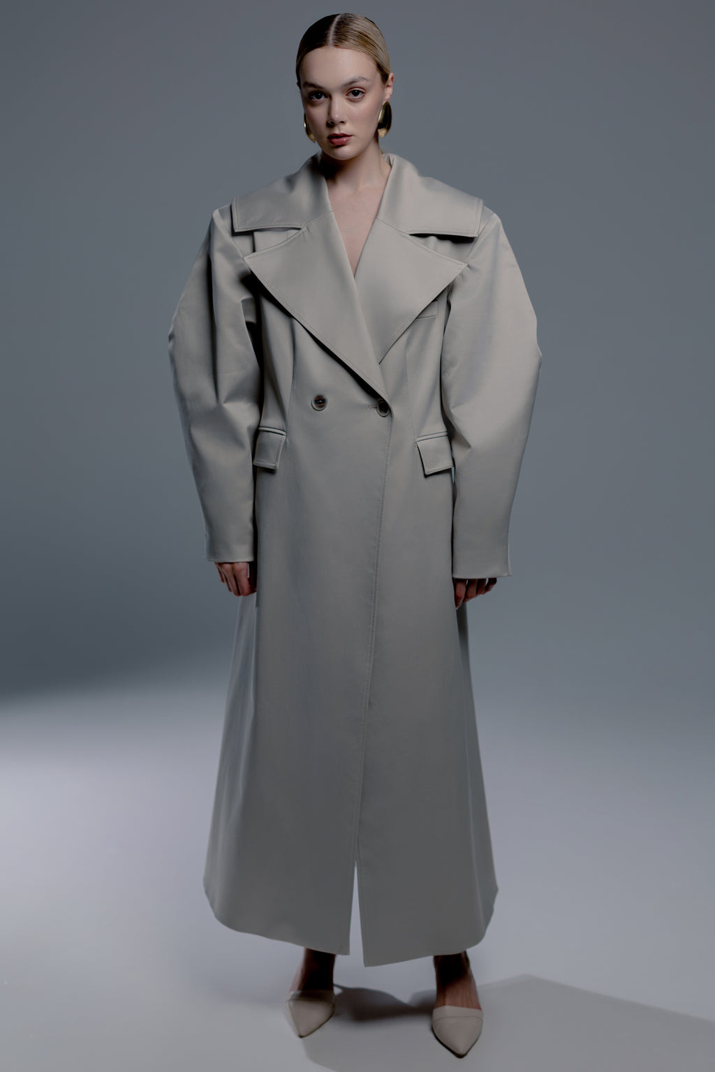 Stone Grey Double-Breasted Long Trench