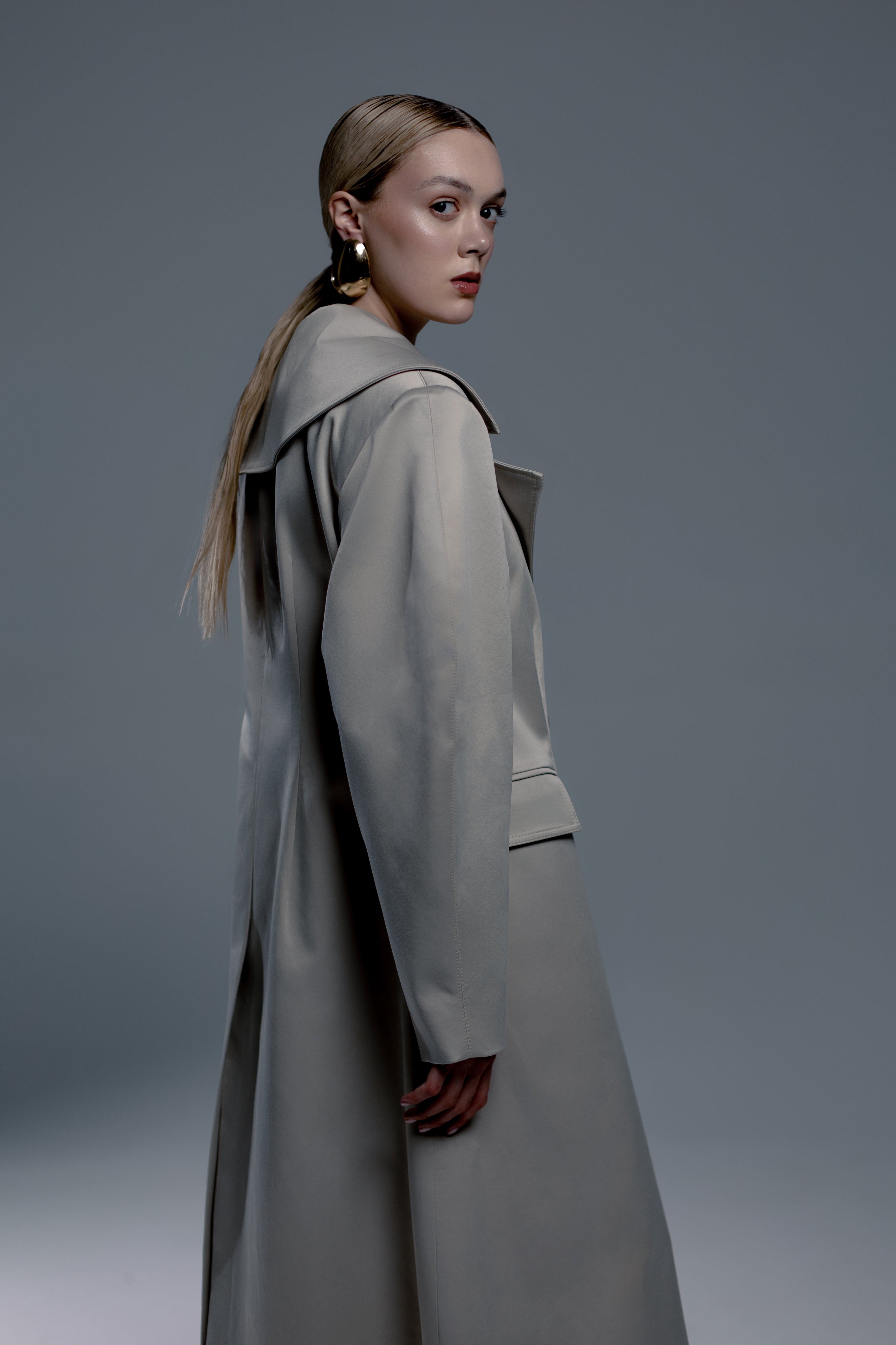 Stone Grey Double-Breasted Long Trench
