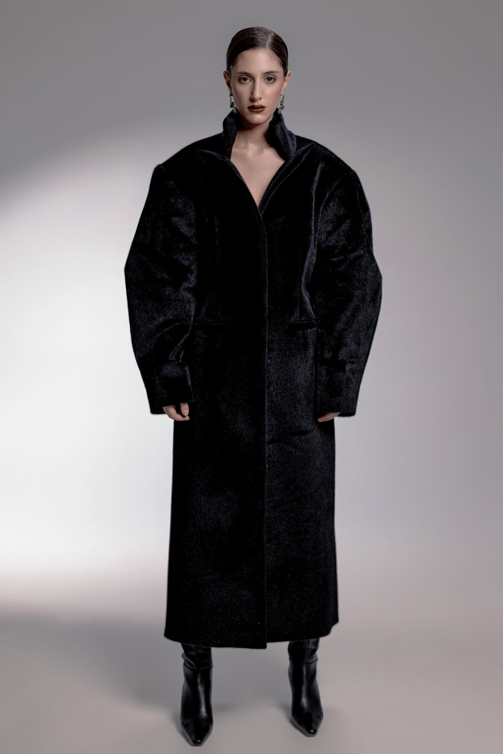 Midnight Black Faux Fur Coat with Stand-Up Collar