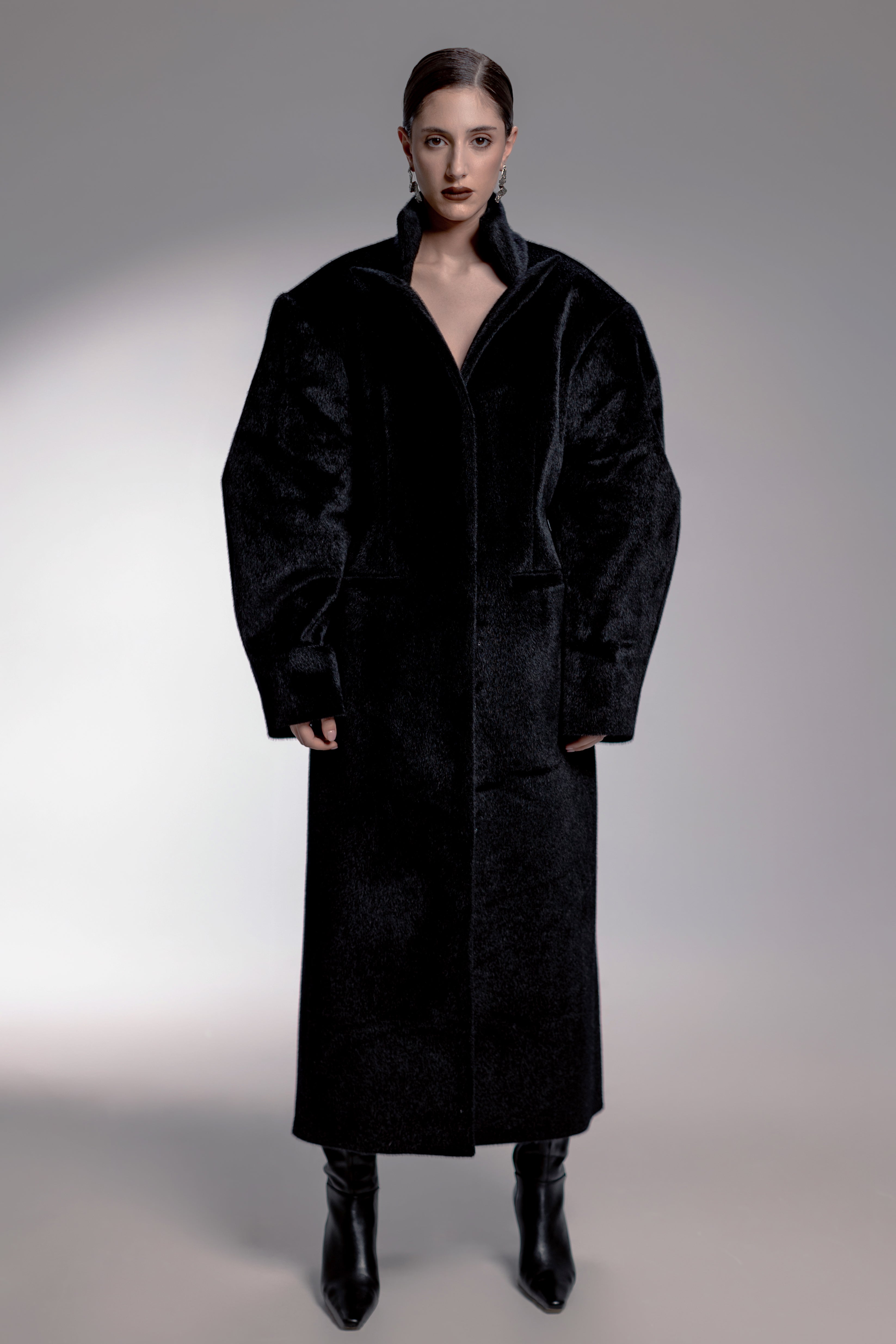 Midnight Black Faux Fur Coat with Stand-Up Collar