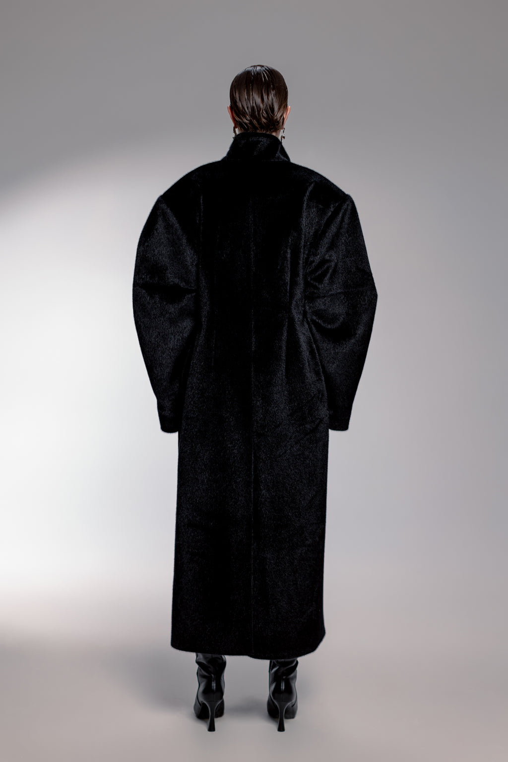 Midnight Black Faux Fur Coat with Stand-Up Collar