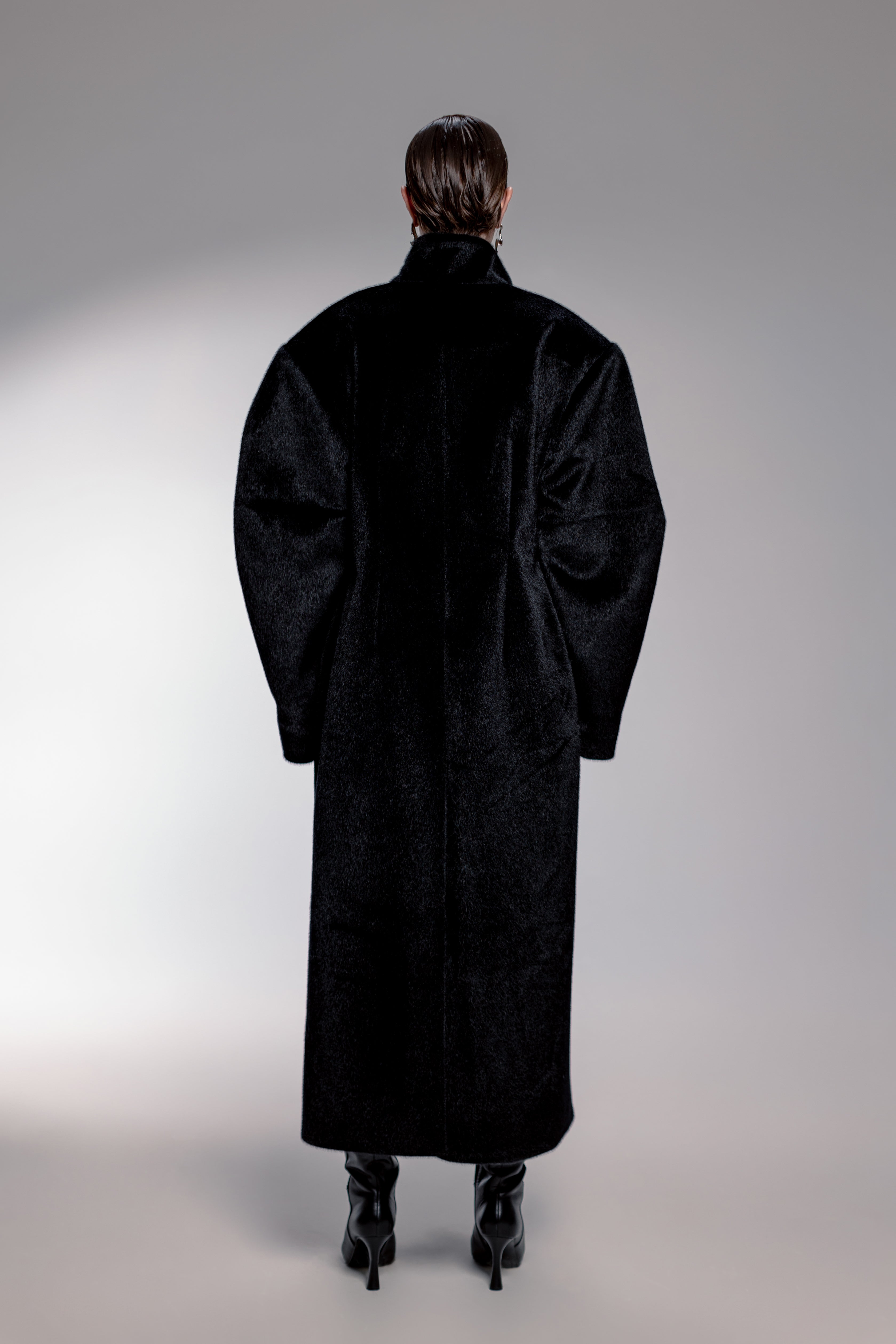 Midnight Black Faux Fur Coat with Stand-Up Collar