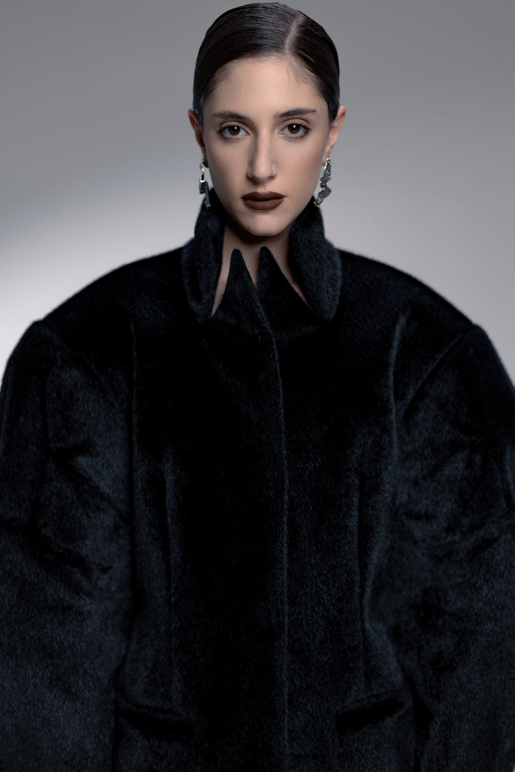 Midnight Black Faux Fur Coat with Stand-Up Collar