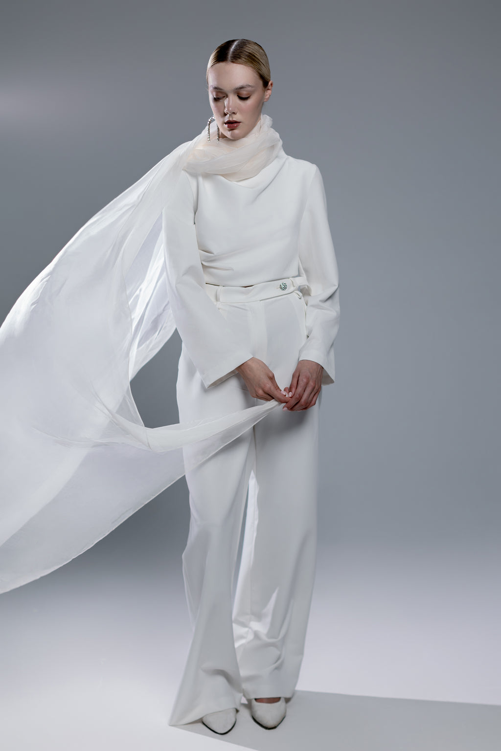 White Open-Back Top with Integrated Scarf