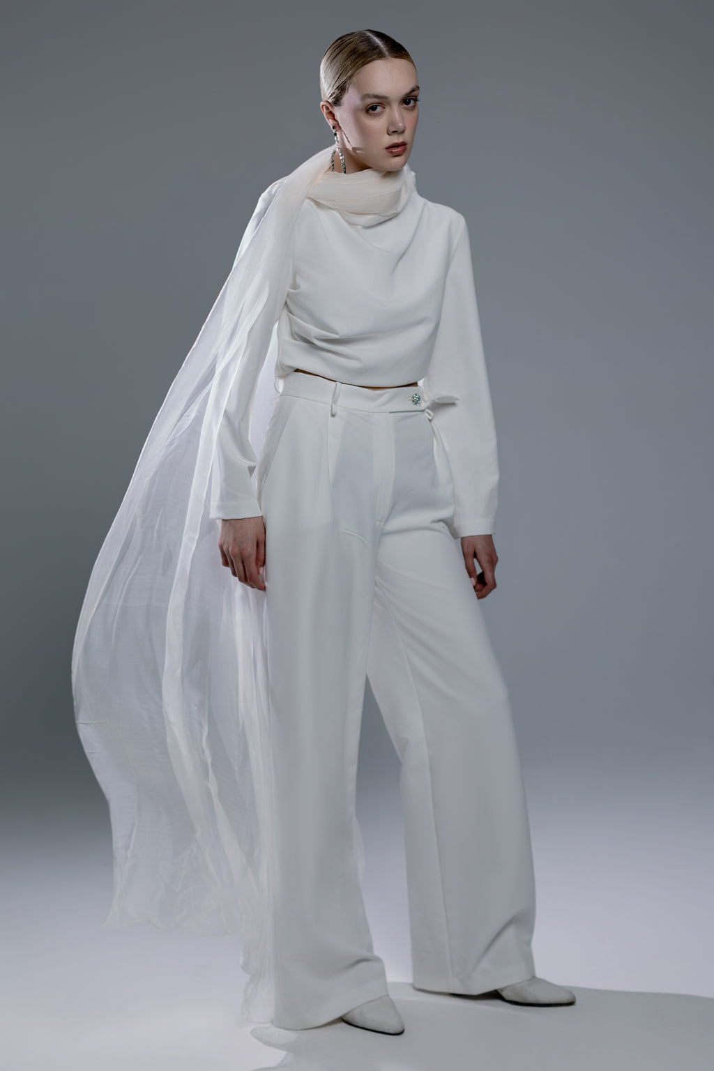 White Open-Back Top with Integrated Scarf