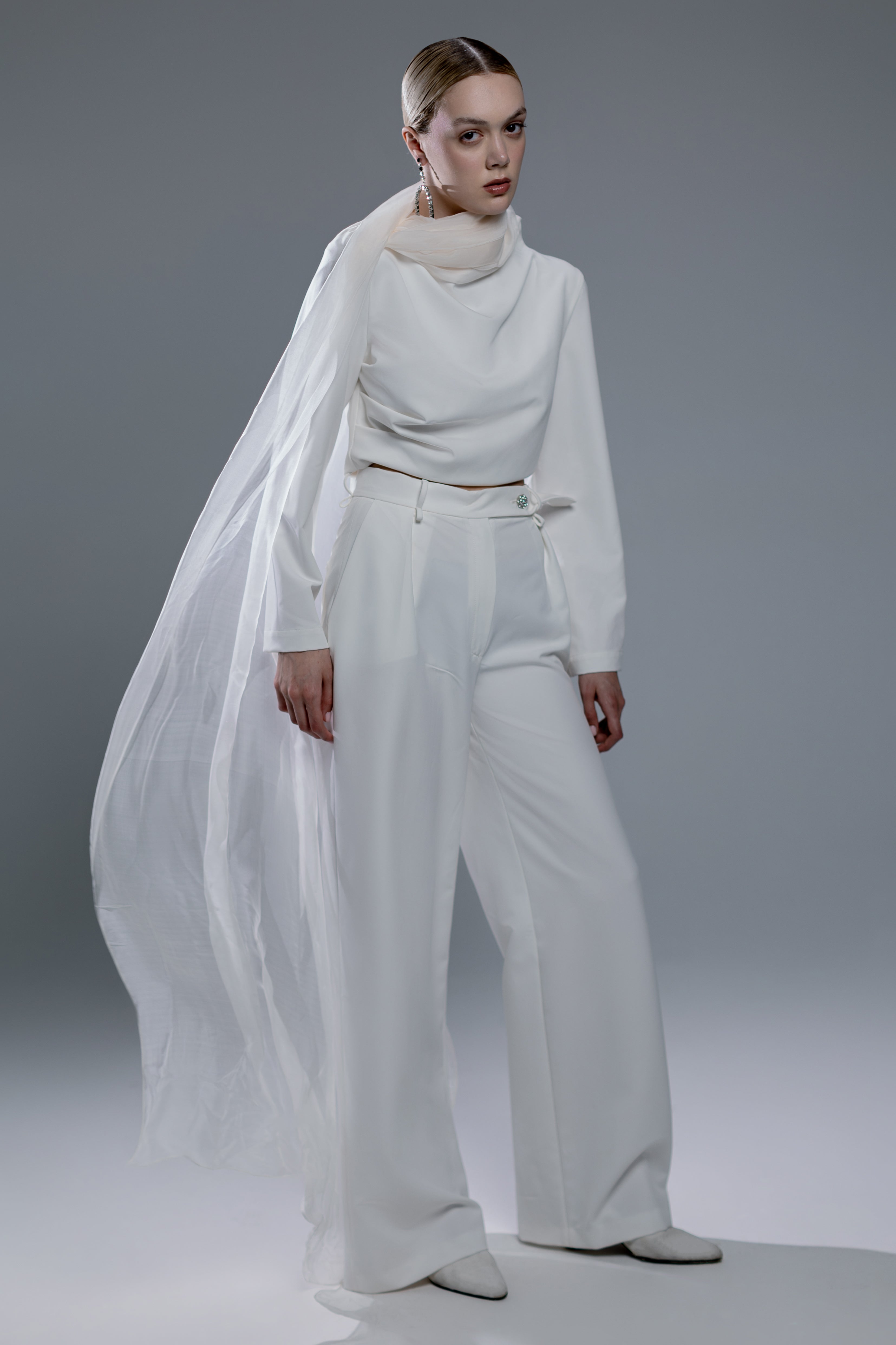 White Open-Back Top with Integrated Scarf