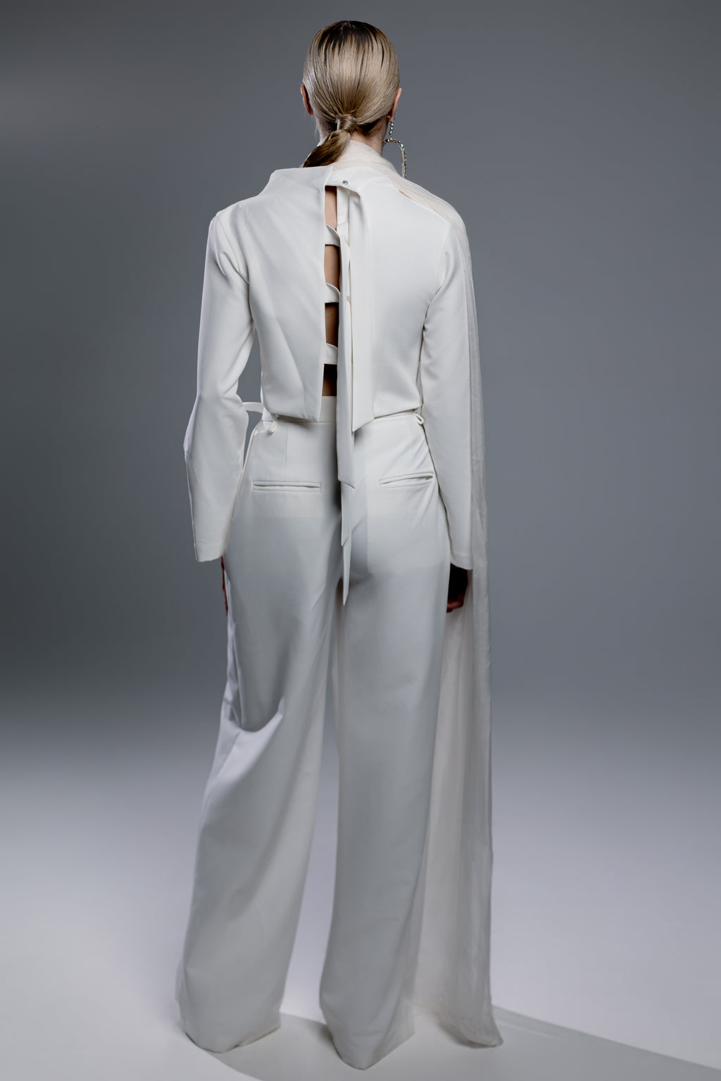 White Open-Back Top with Integrated Scarf