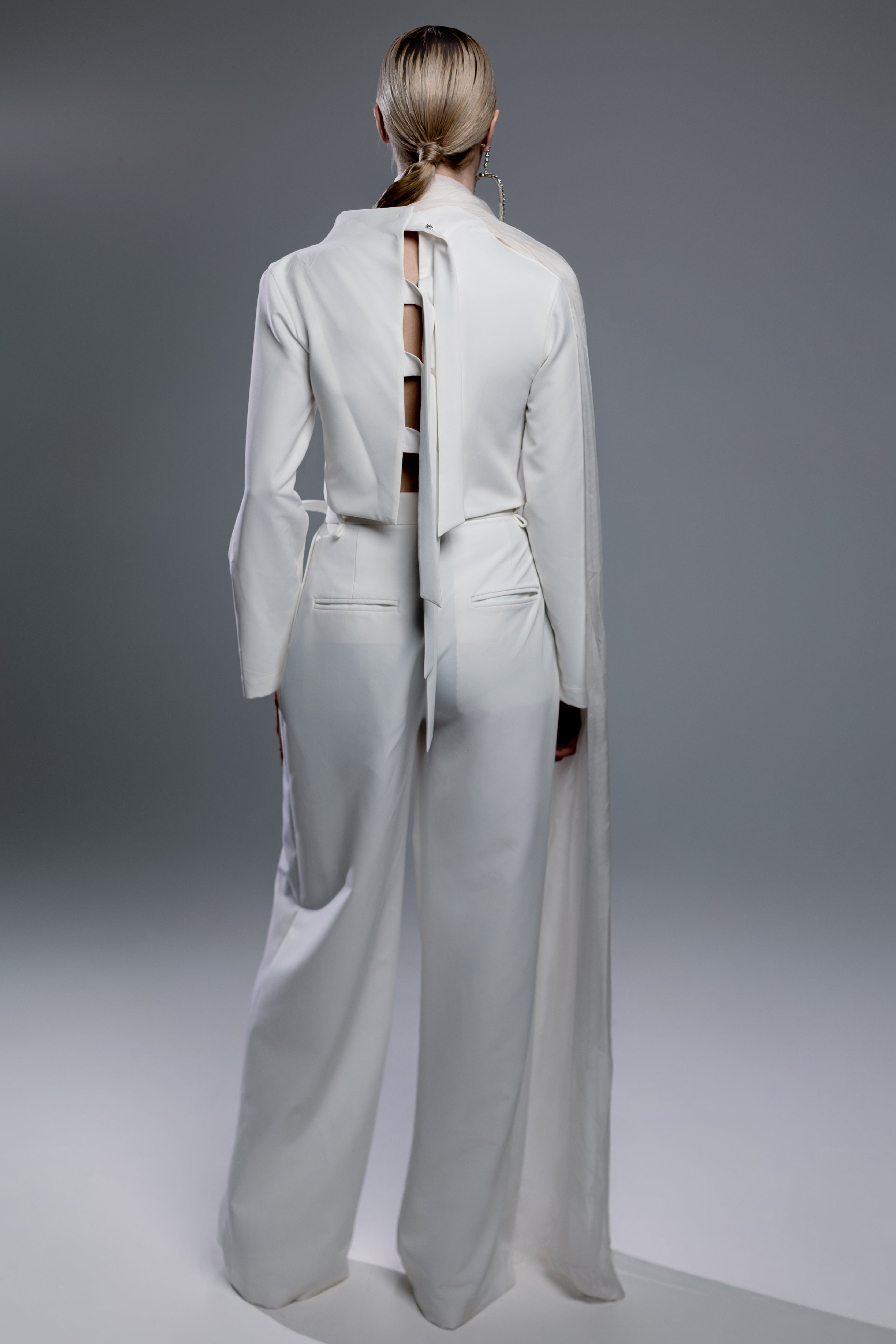 White Open-Back Top with Integrated Scarf