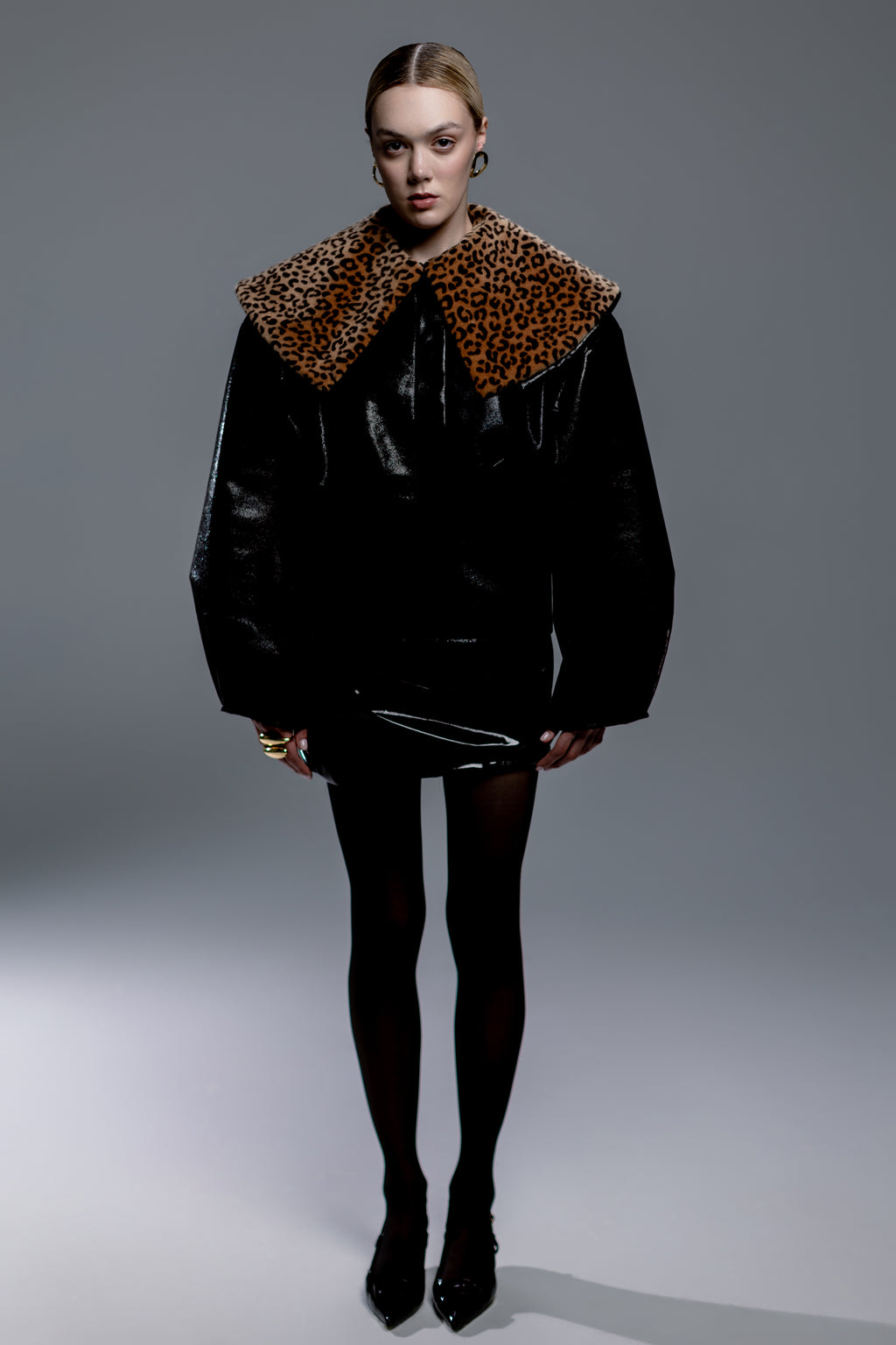 Black Lacquer Jacket with Leopard Print Collar