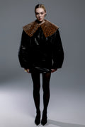 Black Lacquer Jacket with Leopard Print Collar