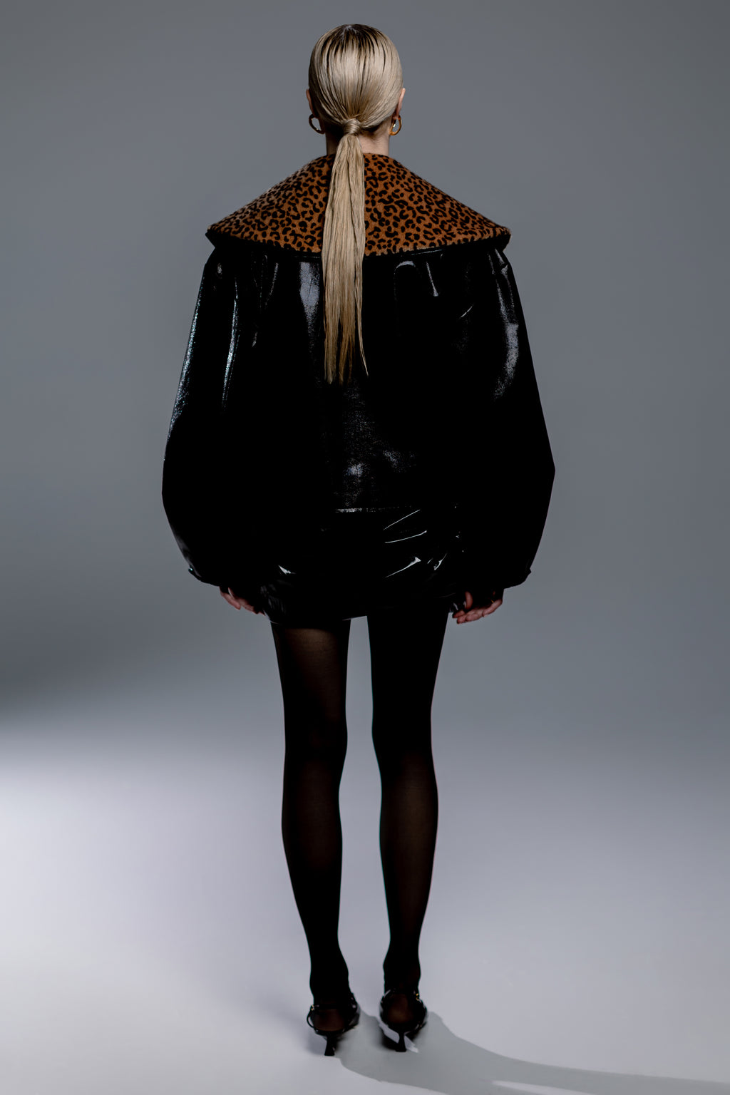 Black Lacquer Jacket with Leopard Print Collar