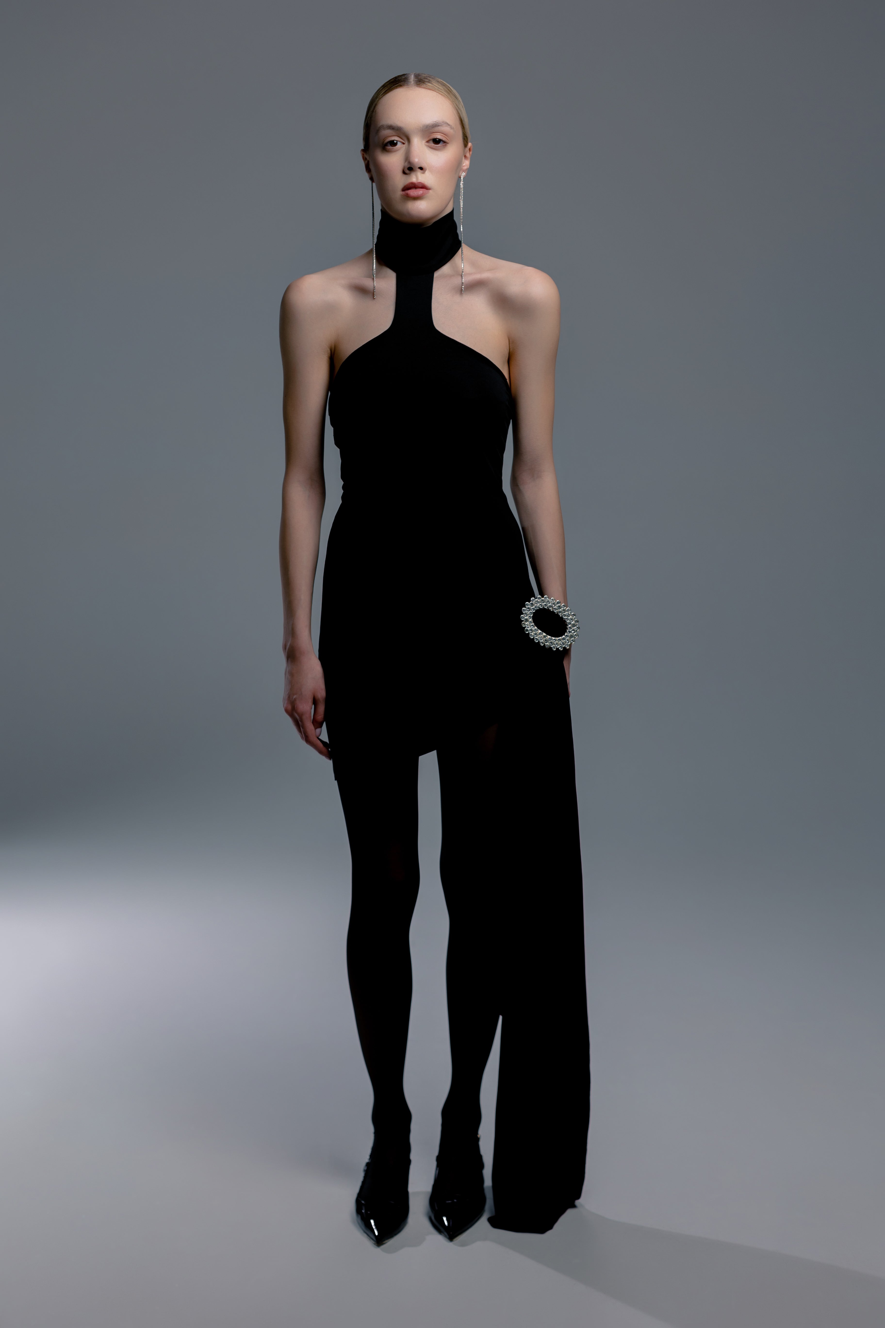 Rhinestone Buckle Halter Black Mini Dress