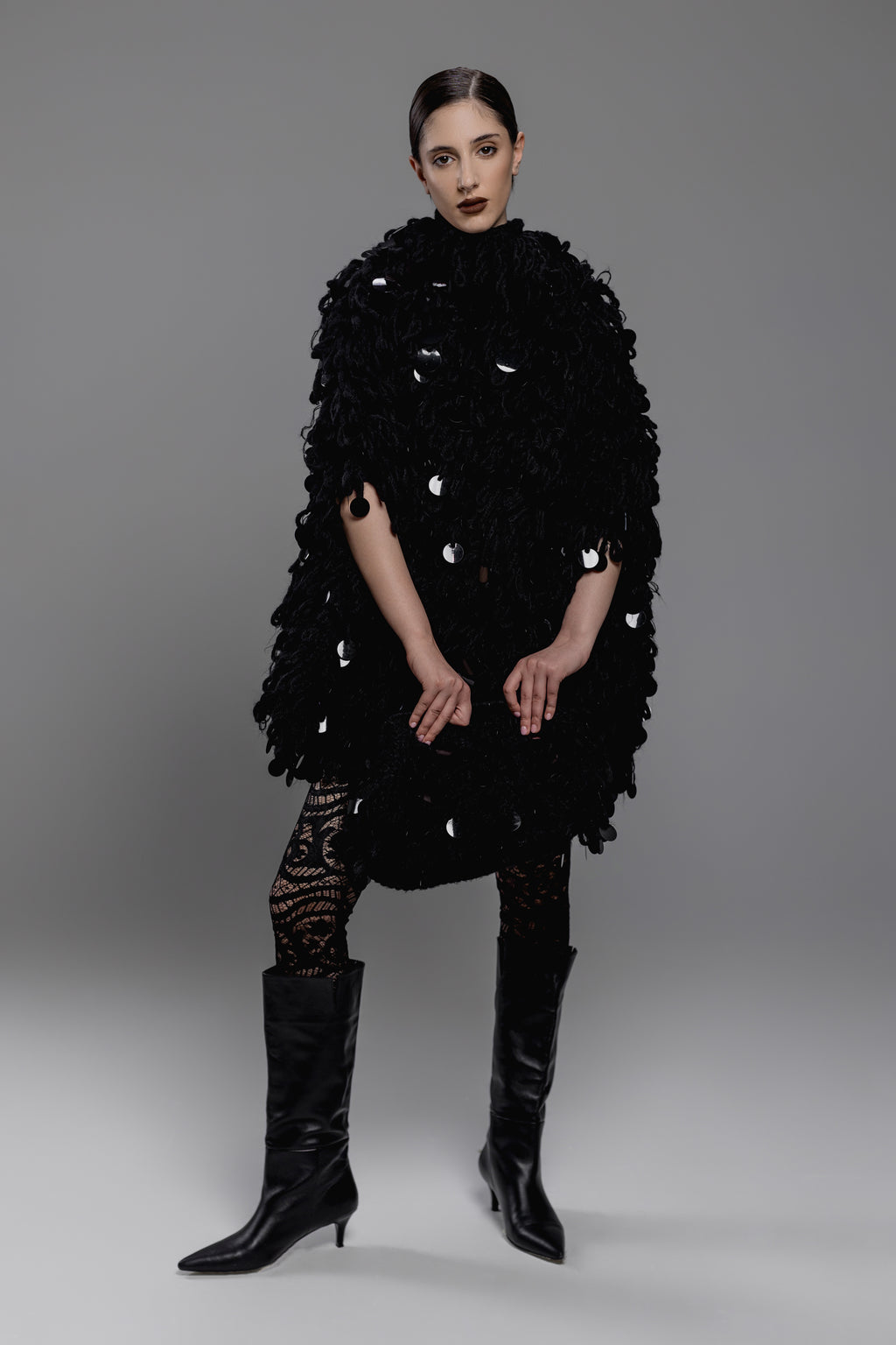 Black Loop Knit Sequin Poncho