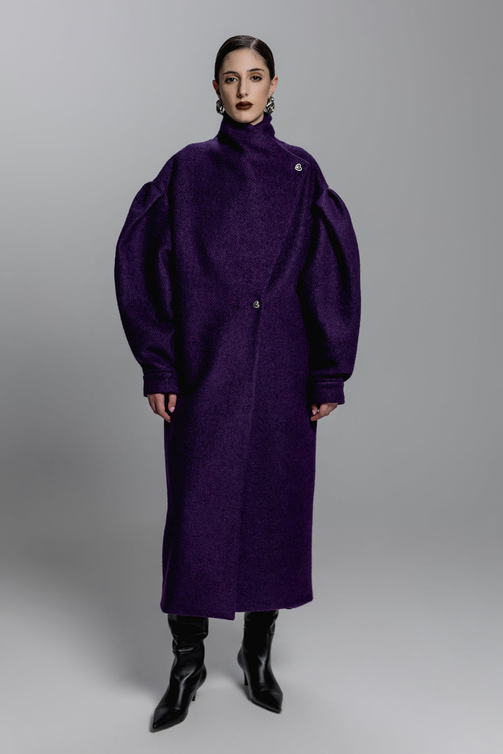 Midnight Purple Puff-Sleeve Wool-Blend Coat