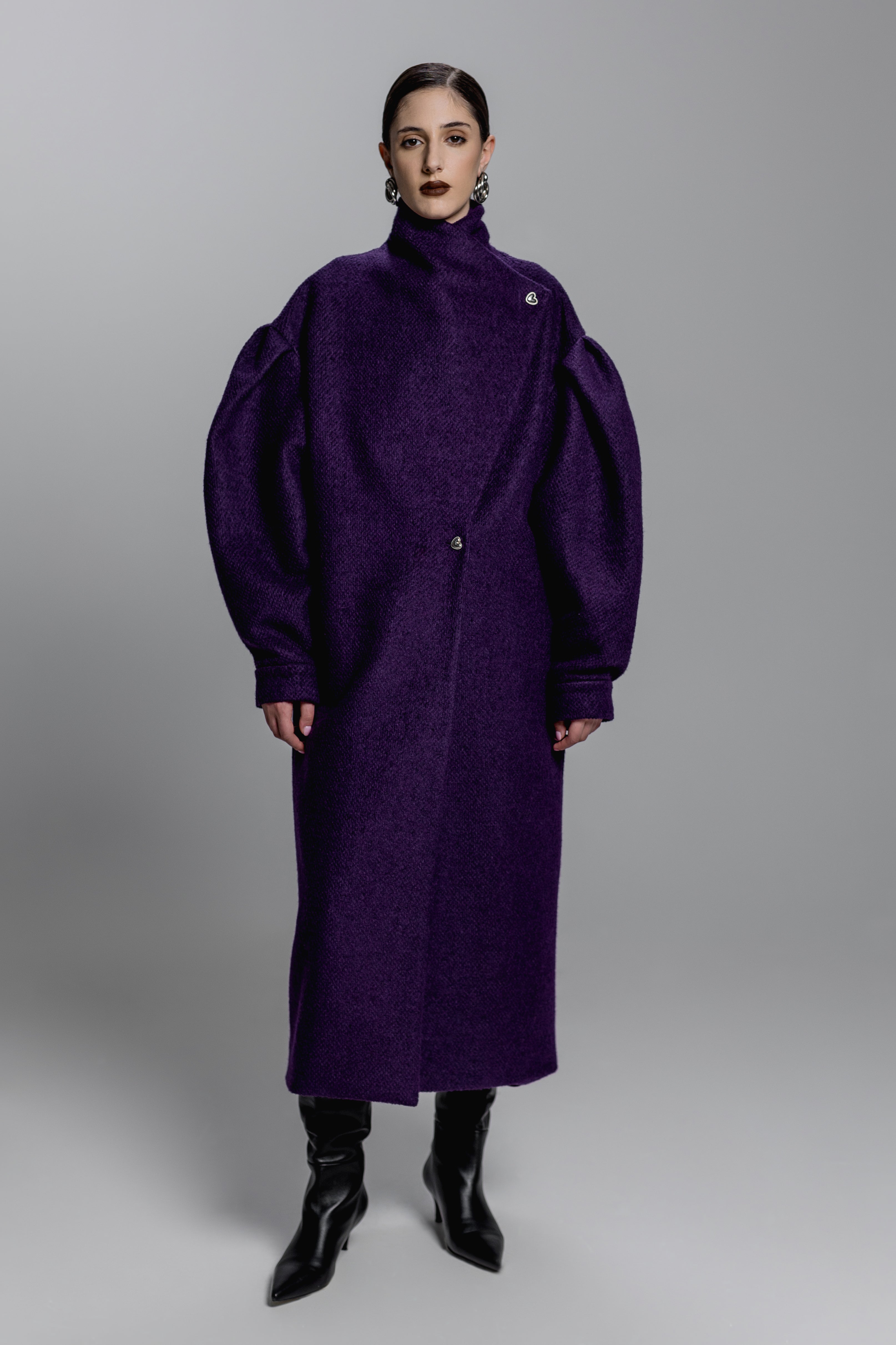 Midnight Purple Puff-Sleeve Wool-Blend Coat