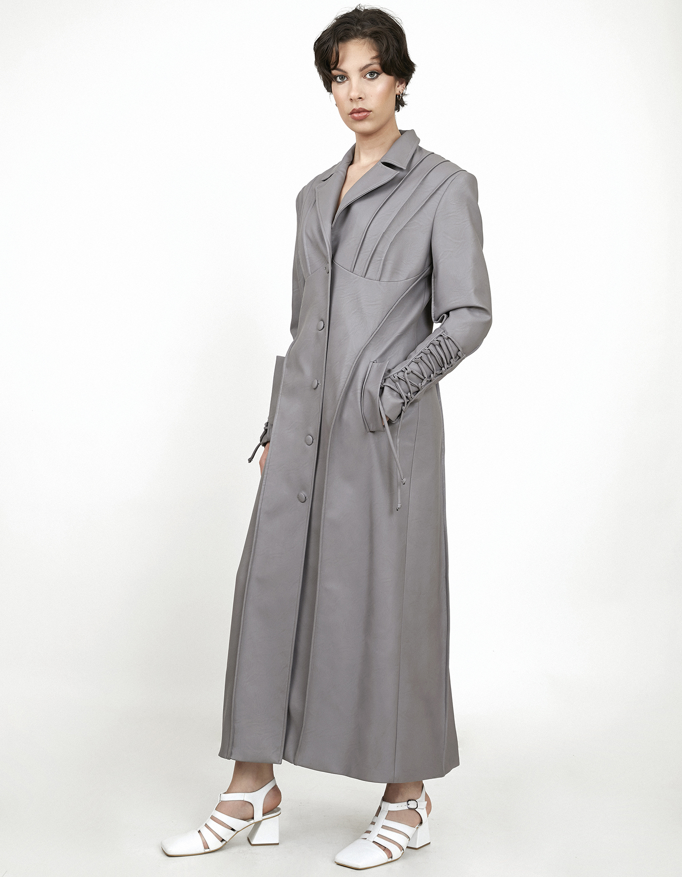 GRAY FAUX LEATHER TRENCH COAT