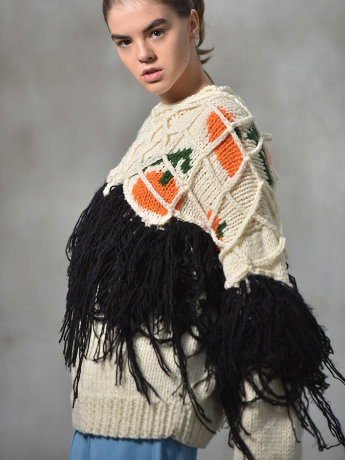 Tangerine sweater with black fringes (Made to order)