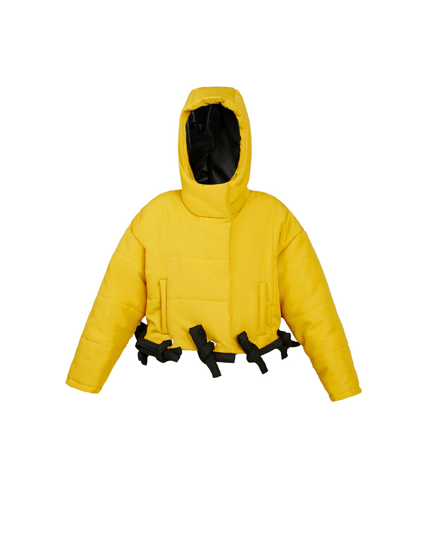 Yellow transformable puffer jacket with a hood