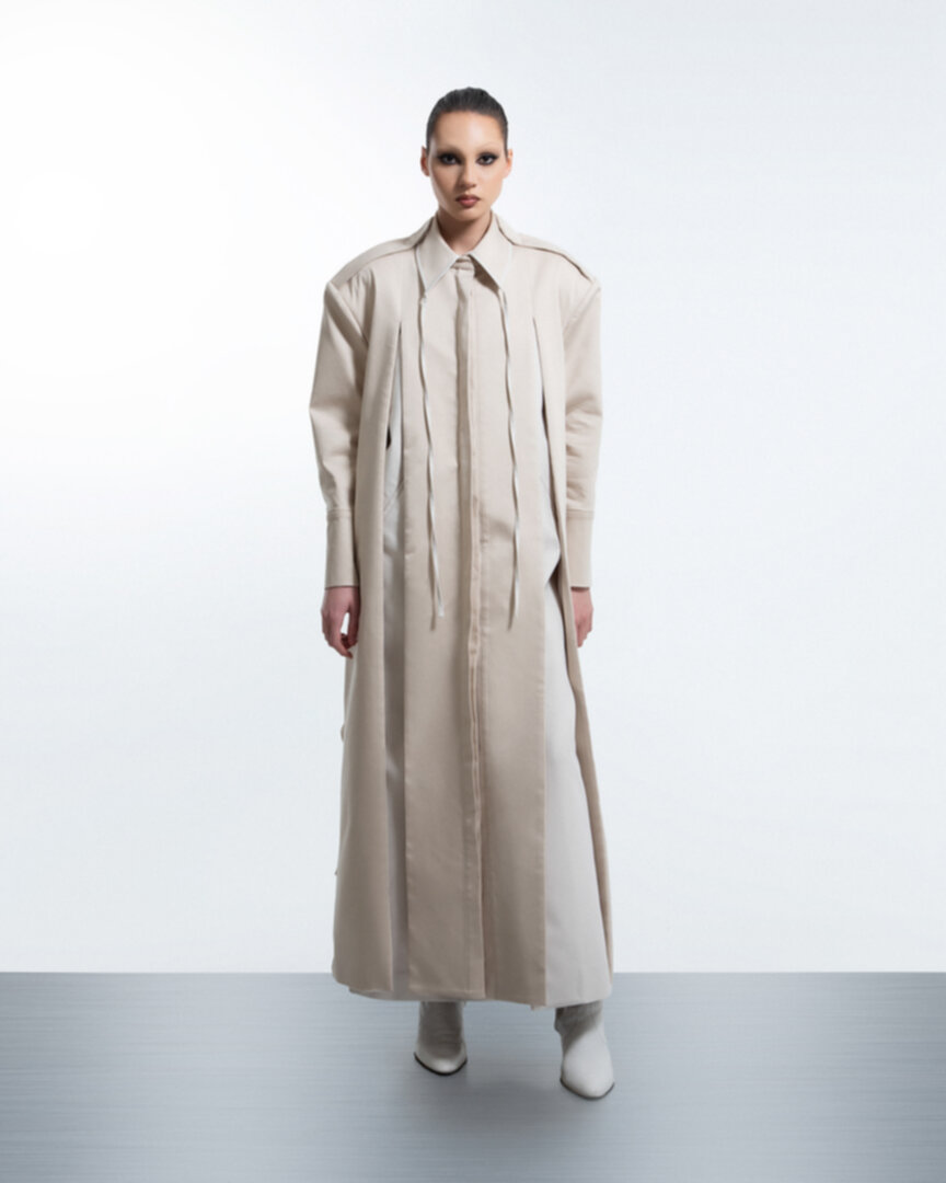 Layered crumple-back beige trench