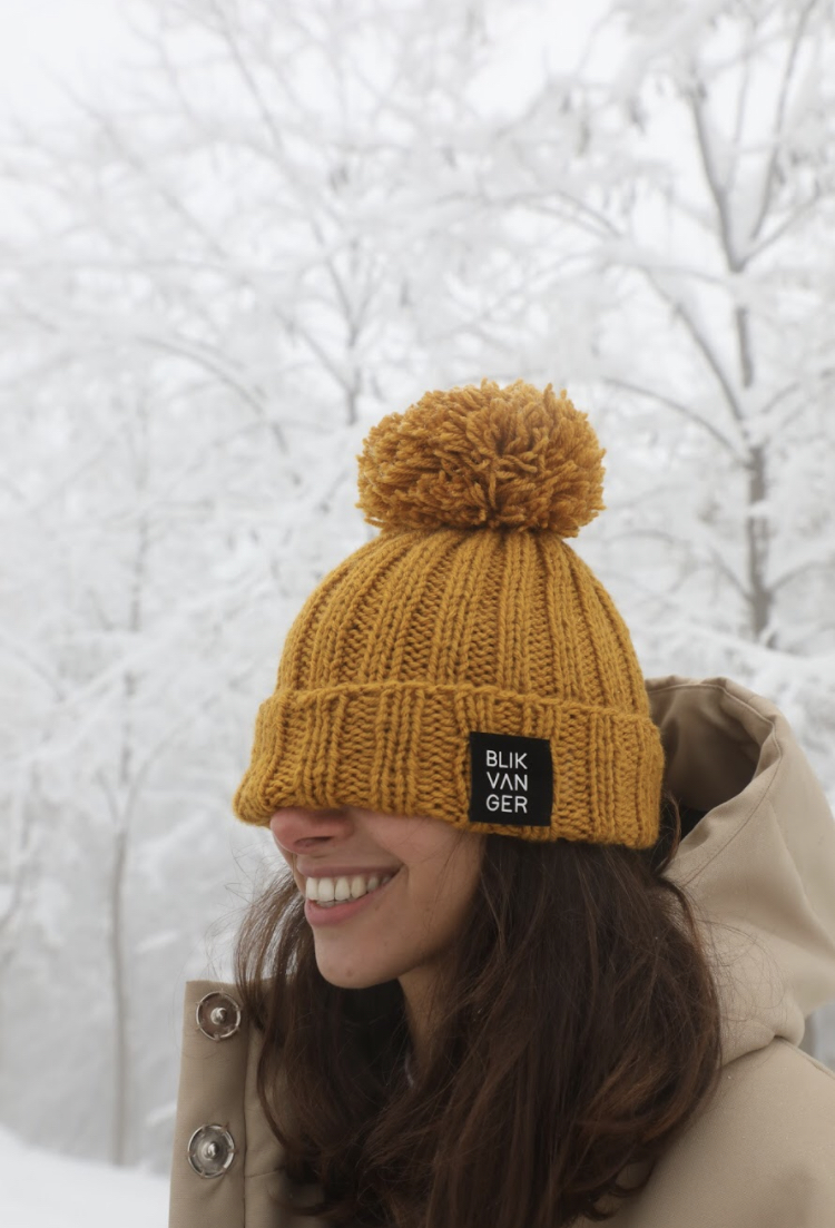 mustard hand-knitted pompon hat 