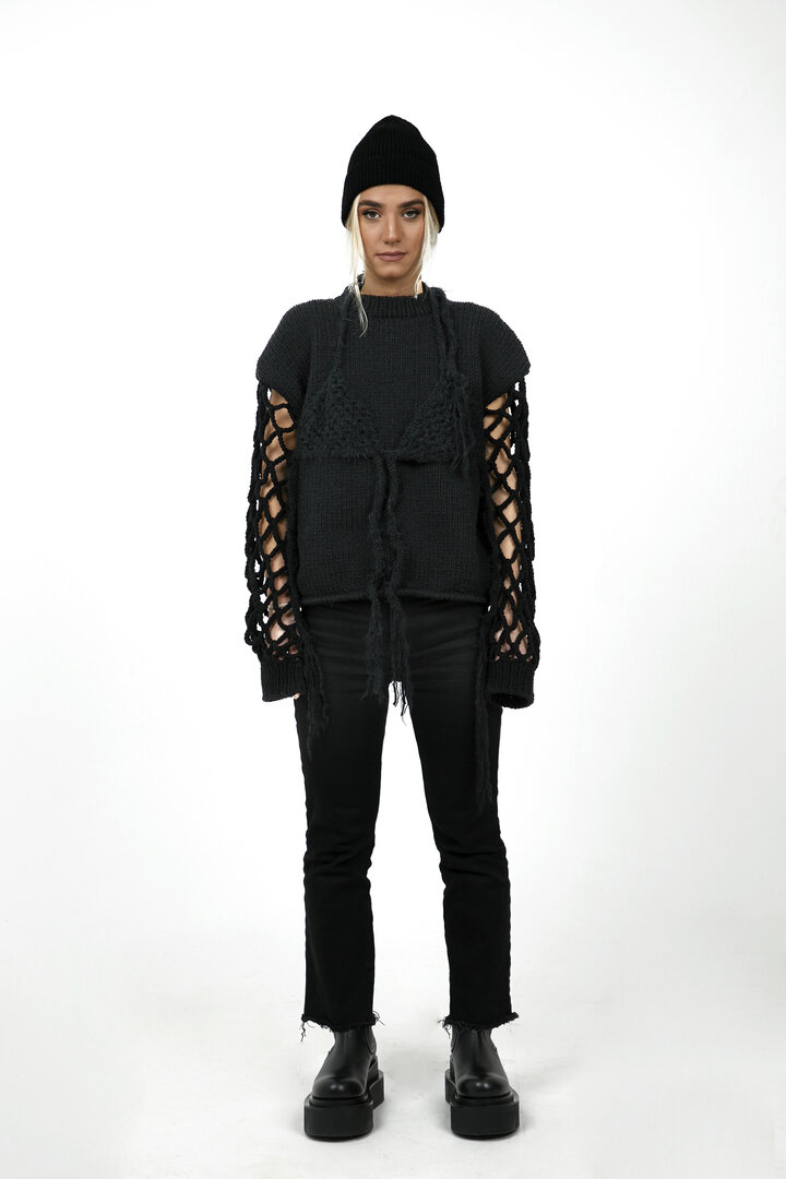 fishnet-sleeve bra-detailed sweater
