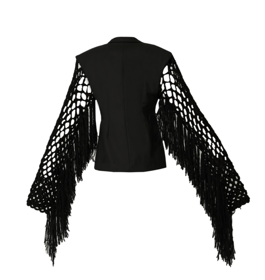Fishnet-sleeve black blazer