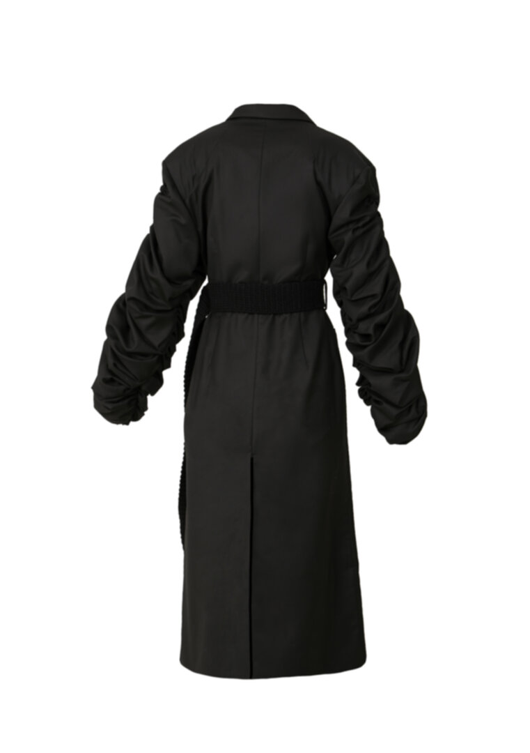 Crumple-sleeve black trench coat