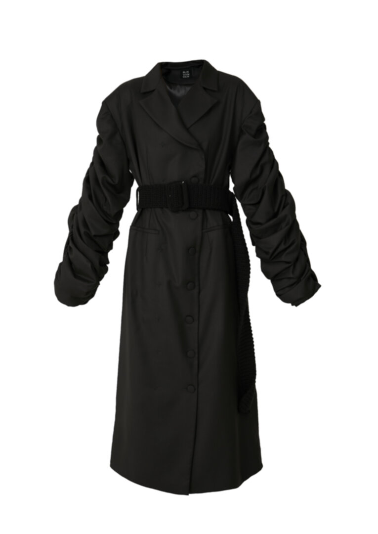 Crumple-sleeve black trench coat